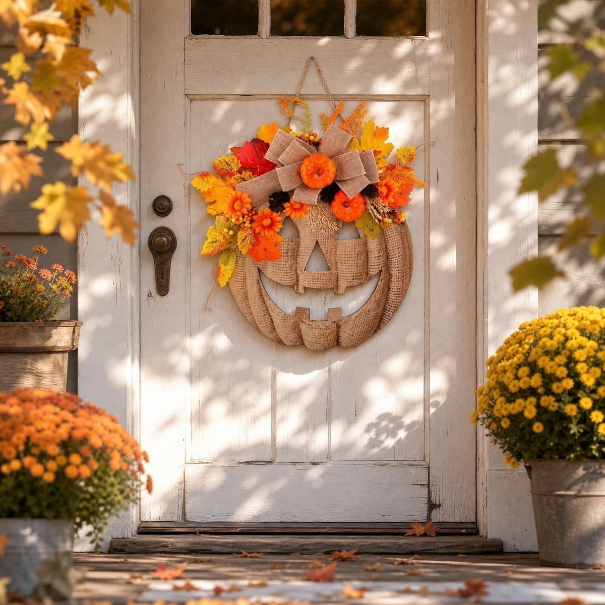 Rwvbm Plastic Artificial Fall Wreath, Faux Pumpkin Maple Leaf Floral Garland for Front Door Wall Thanksgiving Halloween Home Decoration, 13.8in