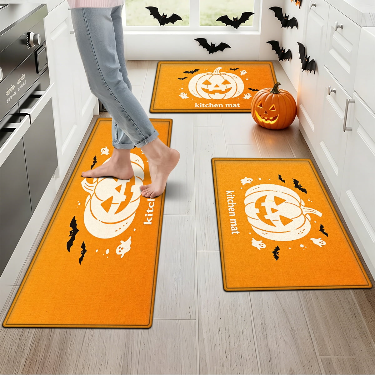 YIMEIS Halloween Orange Ghost Pumpkin Black Cat 1Pc Flannel Mat & Kitchen Rugs,Soft Non-slip,16''×24'' Inches,for Entryway Bathroom