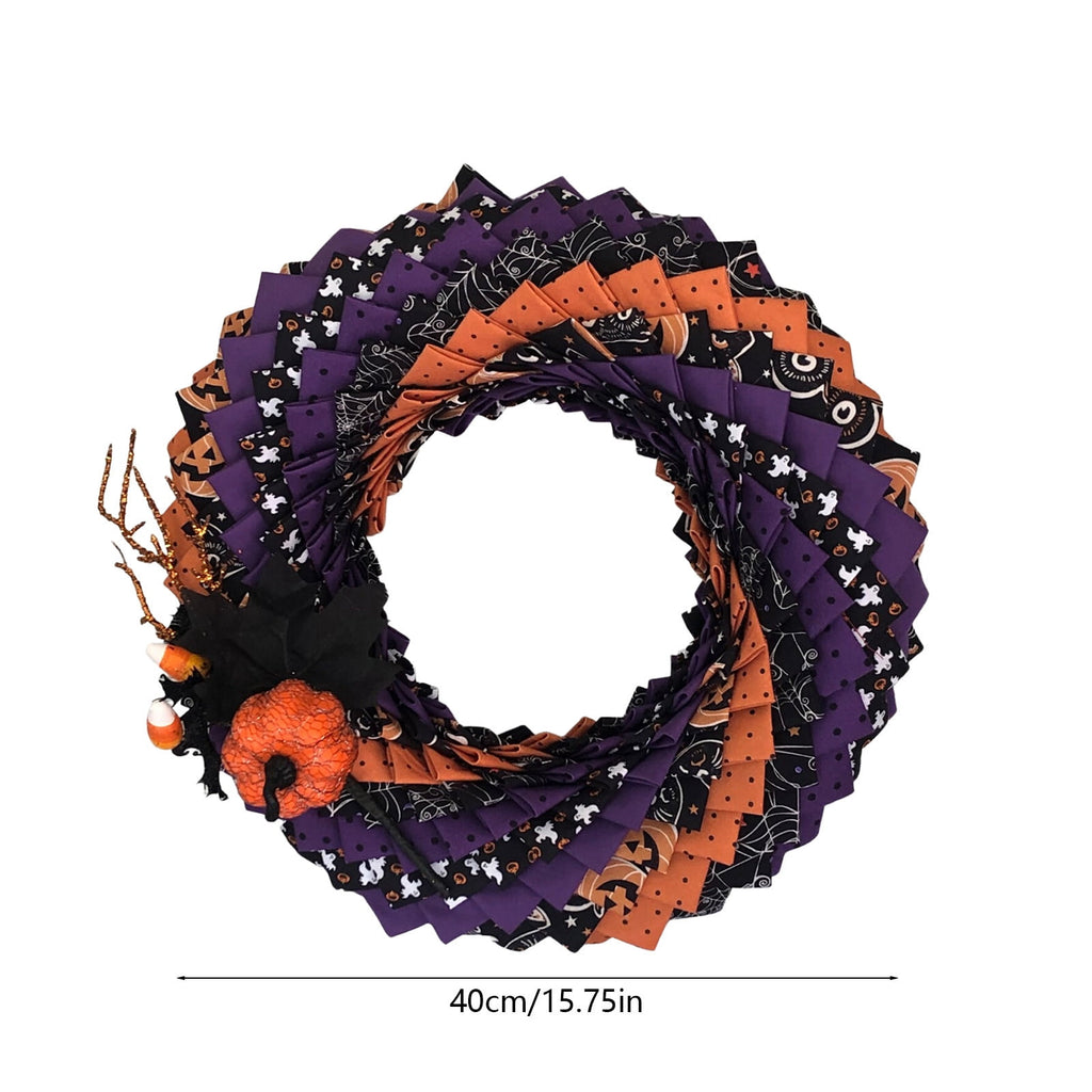 Halloween Wreath 16 Inch, Spooky Fabric Front Door Wreath with Pumpkin & Ghost, Orange Purple Black Fall Porch & Wall Decor