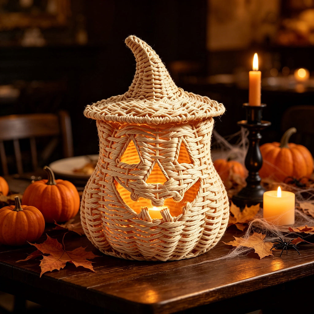 THOPBPRK 2026 Black Halloween Woven Pumpkin Jack-O'-Lantern, Halloween Decorations Pumpkin, USE LED Candle, Rattan Fall Halloween Decor for Home, 1Pack 11.8 Inch A