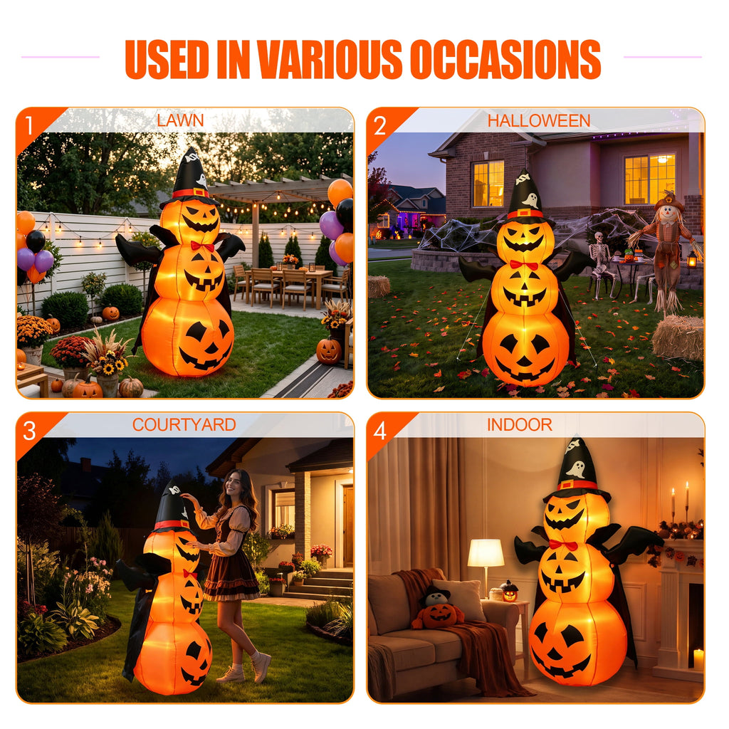 MAGOTAN 8 ft Halloween Inflatable Pumpkin Halloween Inflatable Pumpkins Ghost Tombstone Outdoor Yard Decoration Build-in 7 LED White Lights