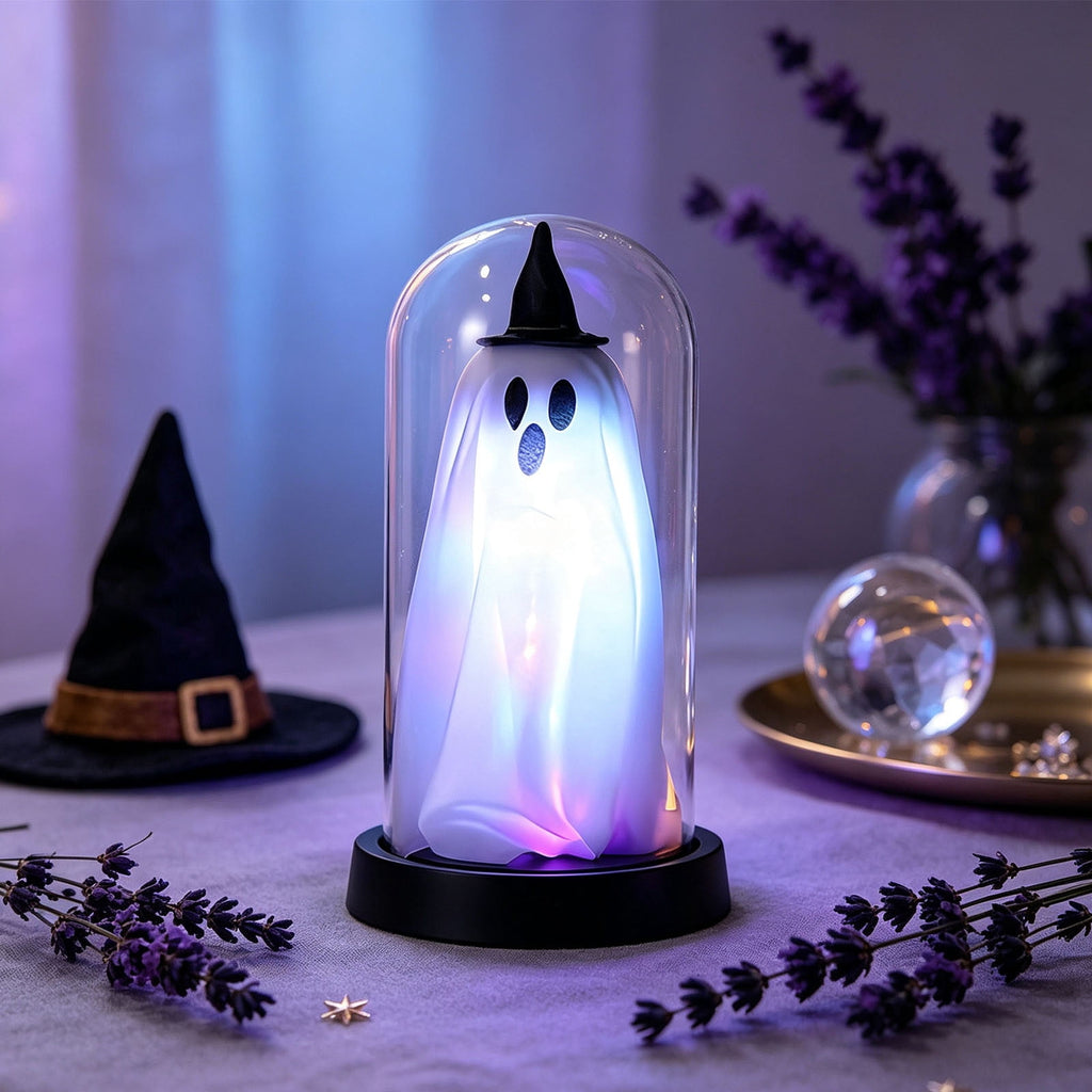 Orangide Halloween Ghost Cloche Night Light Fabric Ghost Lamp with Glass Dome for Mantel Shelf Spooky Party and Home Decor Ornament