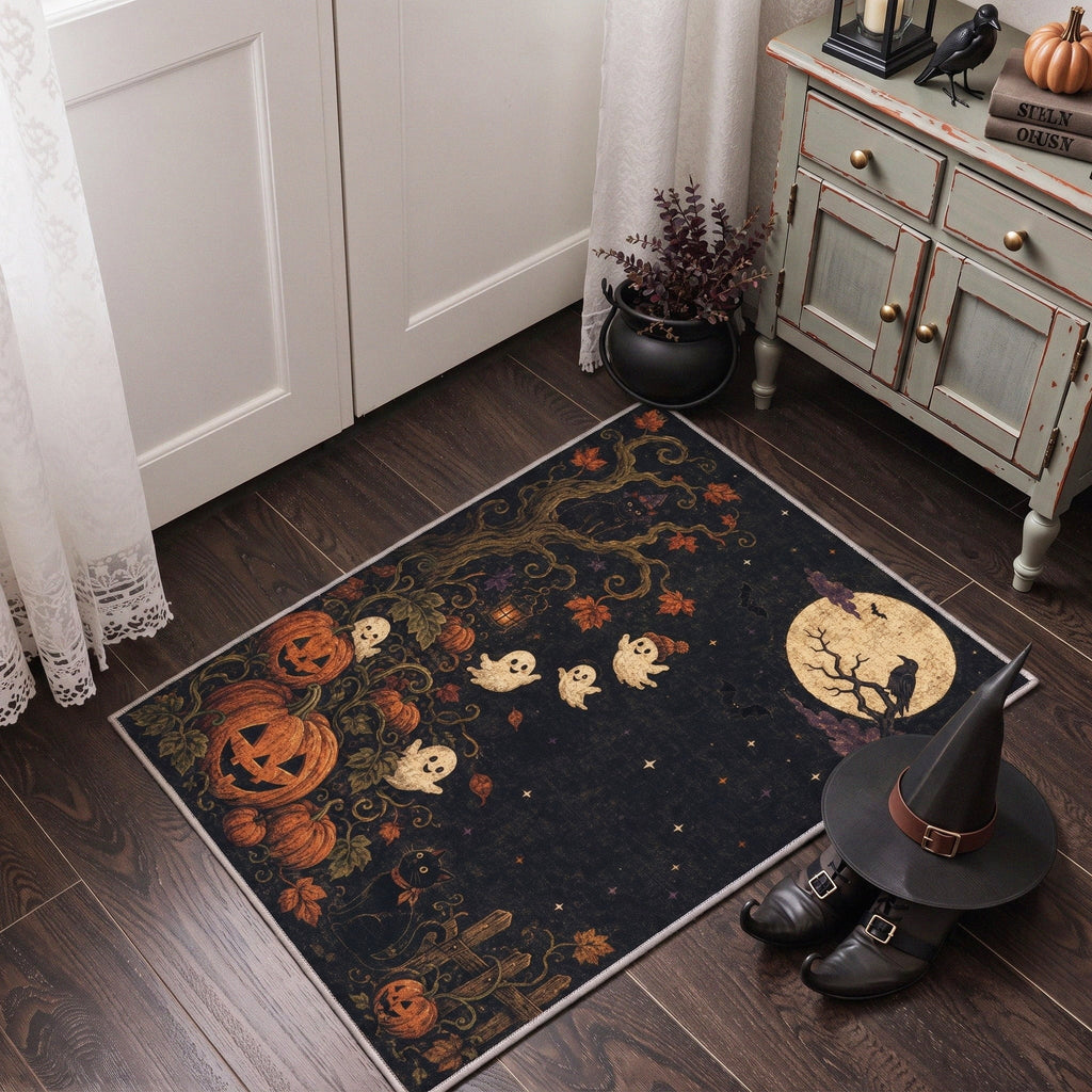 GENIMO 5'x7' Halloween Area Rug for Living Room, Washable Non Slip Soft Vintage Pumpkin Indoor Rug for Bedroom Dining Room Home Office, Antique Moss
