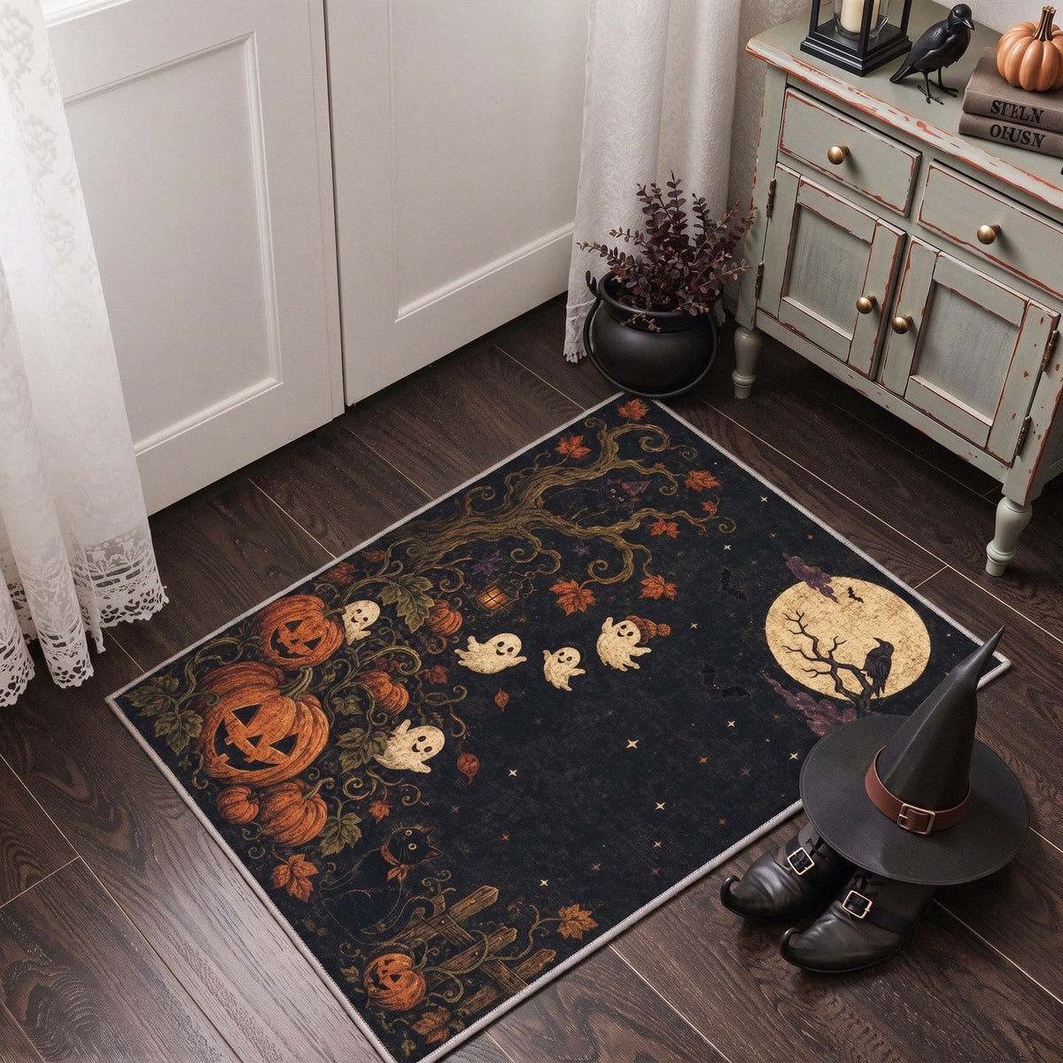 GENIMO 5'x7' Halloween Area Rug for Living Room, Washable Non Slip Soft Vintage Pumpkin Indoor Rug for Bedroom Dining Room Home Office, Antique Moss