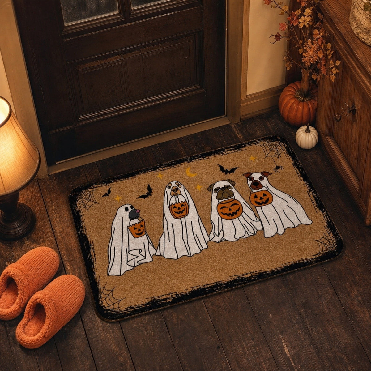 Halloween Ghost Dog Door Mat, Outdoor Coir Entrance Mat for Porch, Spooky Decor for Home Outdoor Entryway Black