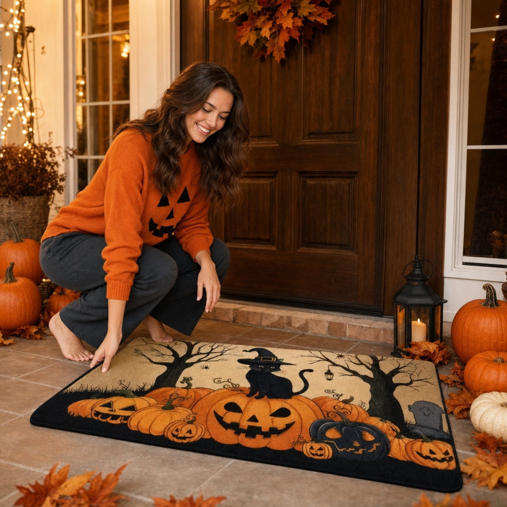 Halloween Black Cat Doormat, 23.6x15.7 Inch Spooky Pumpkin Floor Rug, Non-Slip Seasonal Entryway Mat for Front Door Porch & Indoor Decor