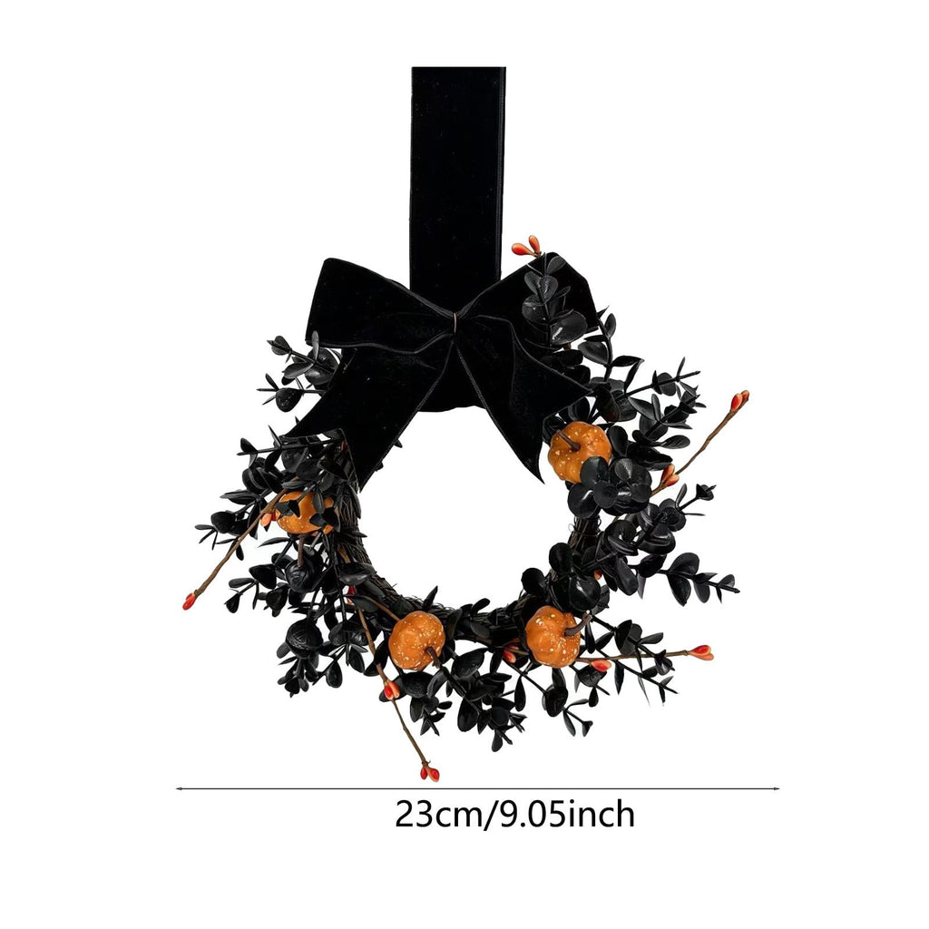 Halloween Wreath for Front Door, Pumpkin and Black Foliage Decorative Wreath with Hanging Ribbon, Reusable Seasonal Wall Decor for Entryway Mantel Porch Gothic Halloween Display
