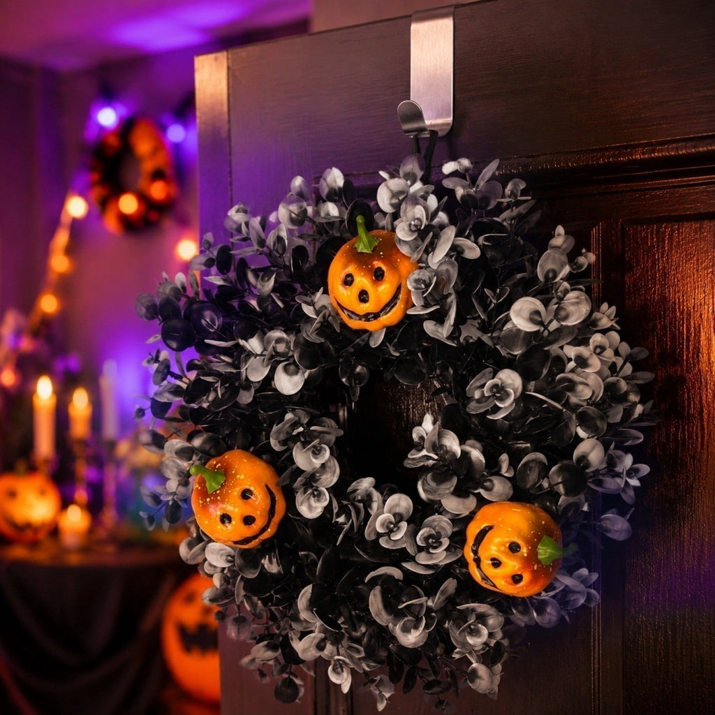 12 Inch Black Eucalyptus Halloween Wreath, Artificial Floral Door Wreath with Pumpkin Cutouts for Front Porch Indoor Door Halloween Party Gothic Home Decor