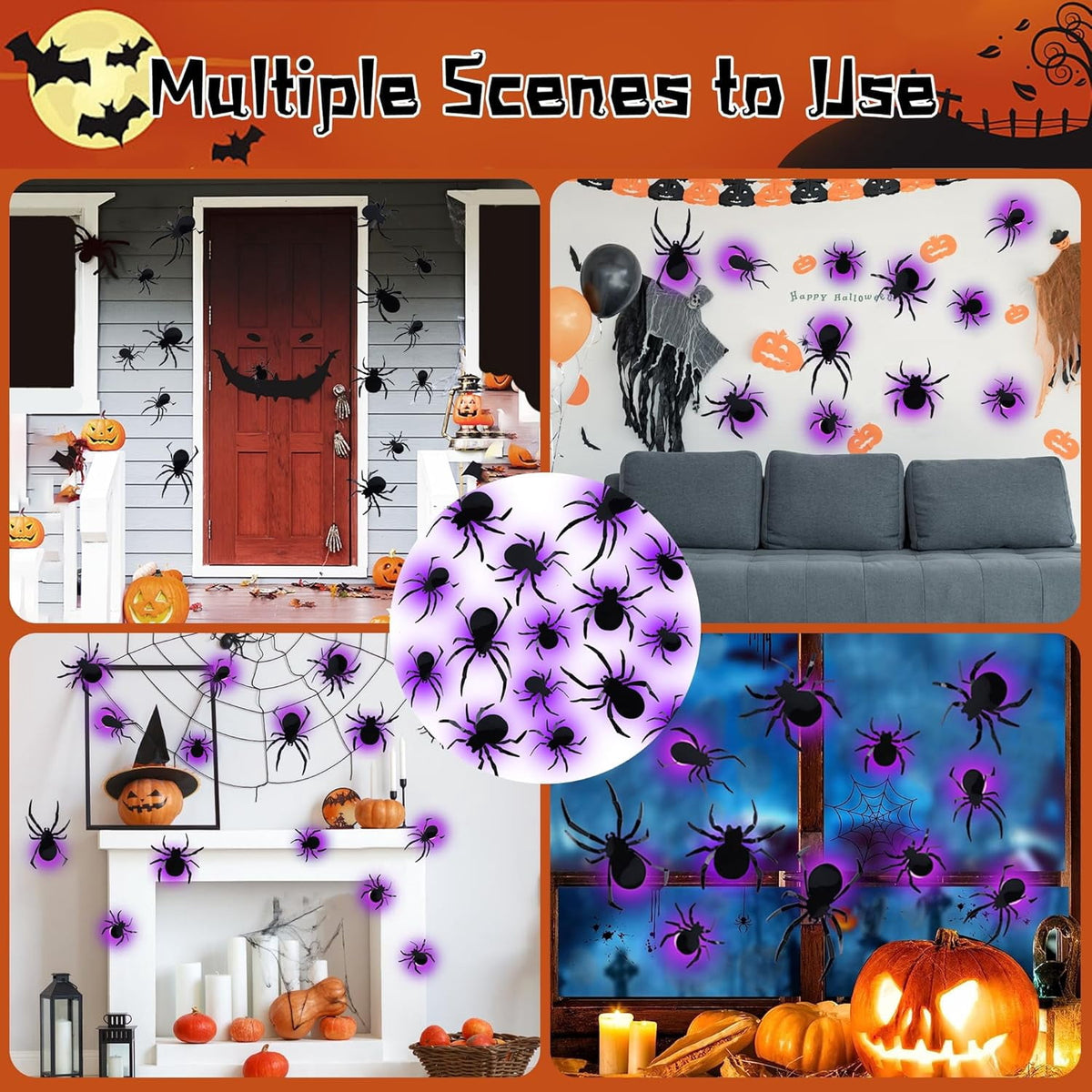 CQHVKQ 36 PCS Halloween Bats Decorations, Realistic 3D LED Bats Wall Stickers Decor, Assorted Size Removable Lighted PVC Bats DIY Wall Sticker for Halloween Party, Bedroom, Home, Indoor and Outdoor