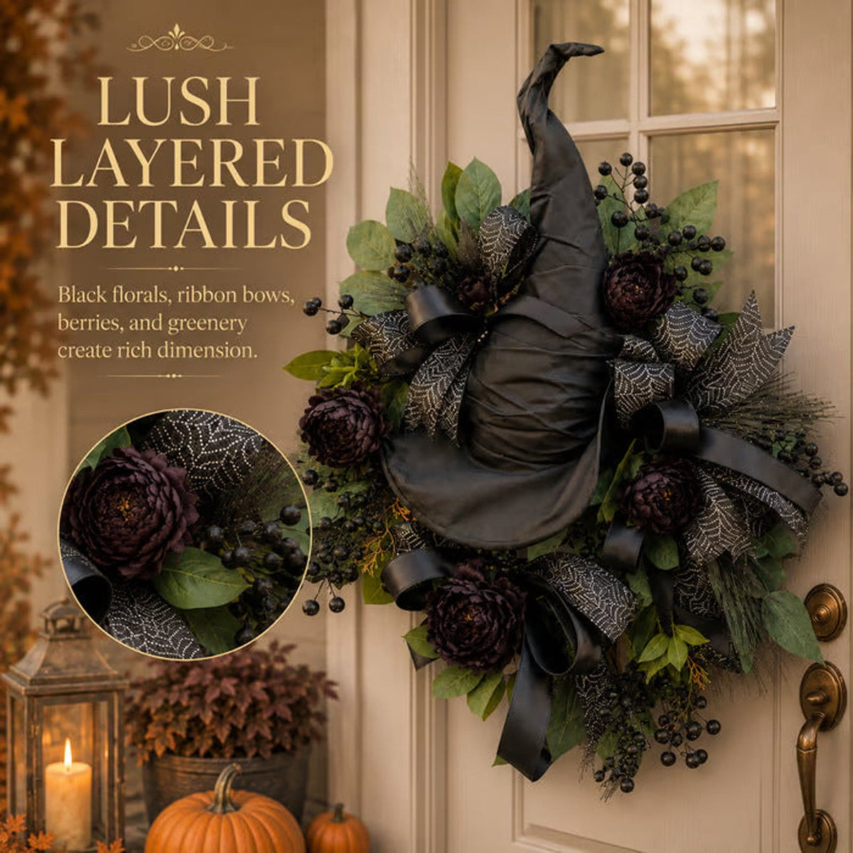 WWC Halloween Wreath, Artificial Silk Bats And Skulls Wreath, Gothic Halloween Decor for Fall Party Front Door Porch Mantel