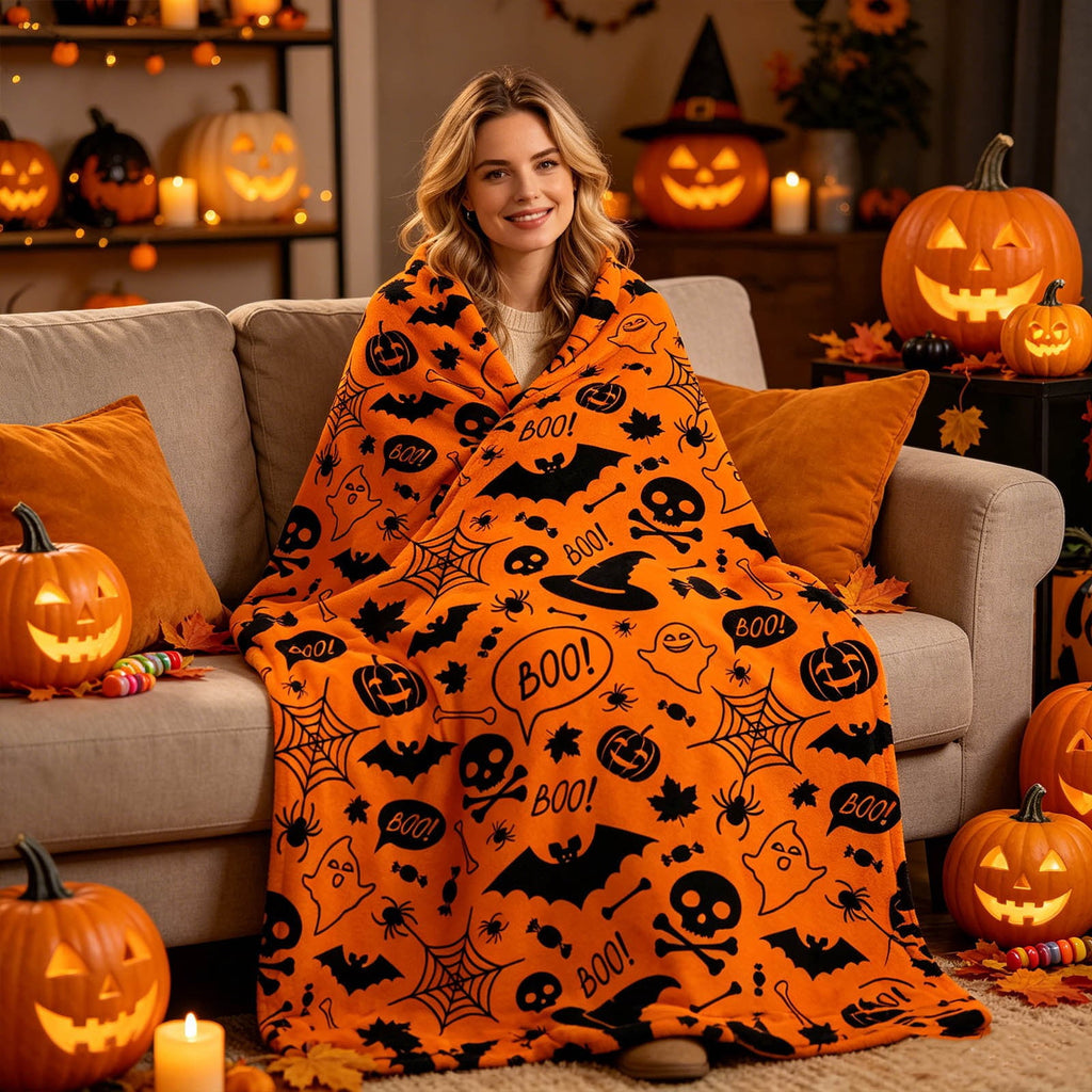 Halloween blanket,Halloween Print Throw Blanket Flannel Soft Cozy Decorative Nap Blanket with Ghost Pumpkin Skull for Office Bedroom Sofa Camping Travel(100x150cm/39x59 Inch),Black