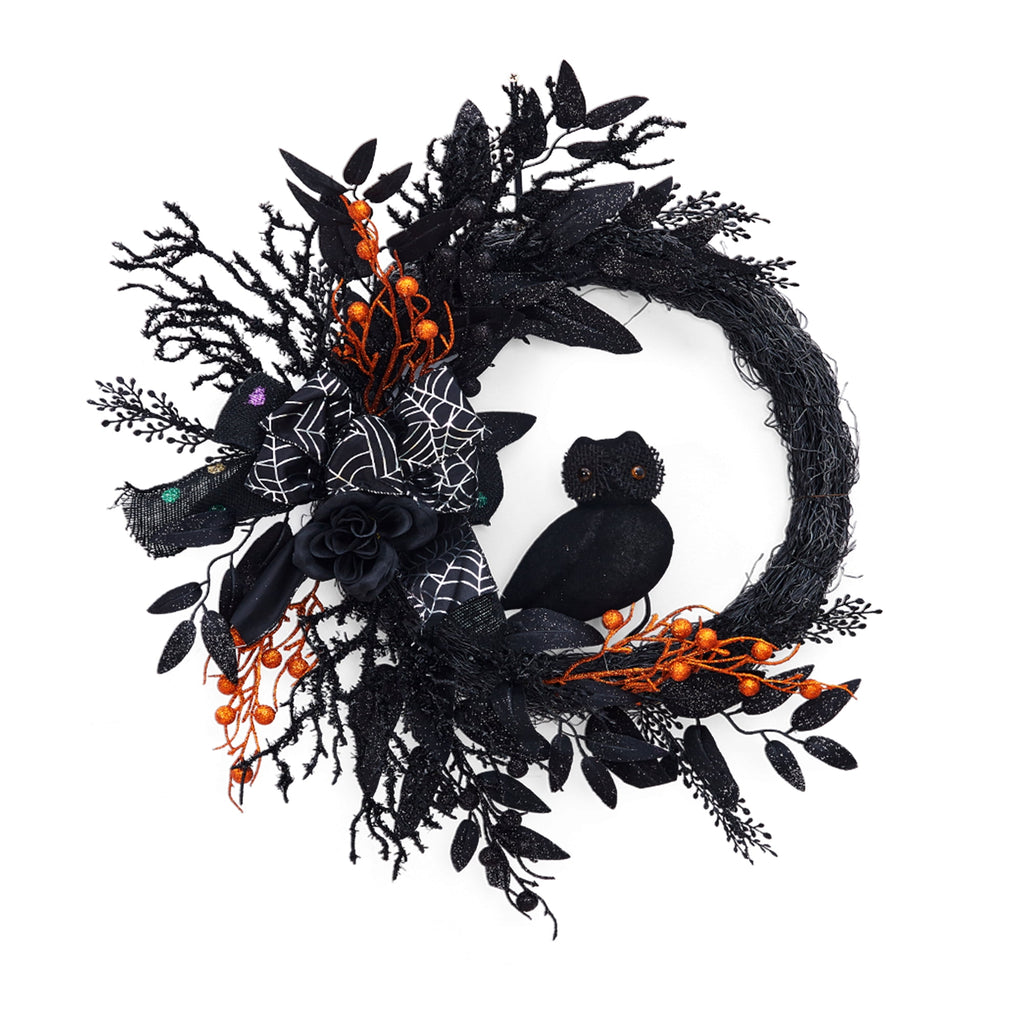 Festisoul 20'' Halloween Wreath for Front Door, Halloween Owl Wreath with Natural Vines and Artificial Roses, Spooky Halloween Props Decoration for Fireplace