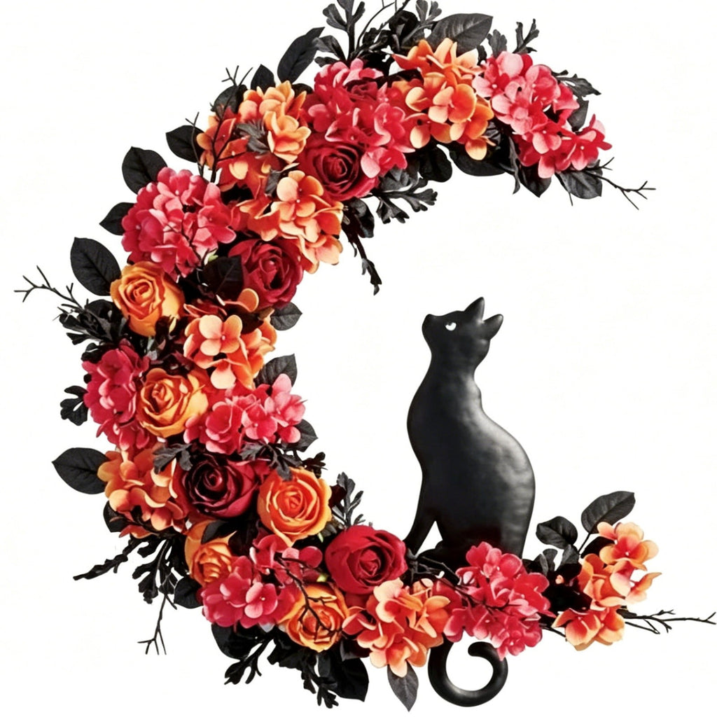 Halloween Crescent Moon Floral Wreath, Orange Red Rose Hydrangea Fall Front Door Decor, Spooky Handmade Wreath for Indoor Outdoor Home Wall Party