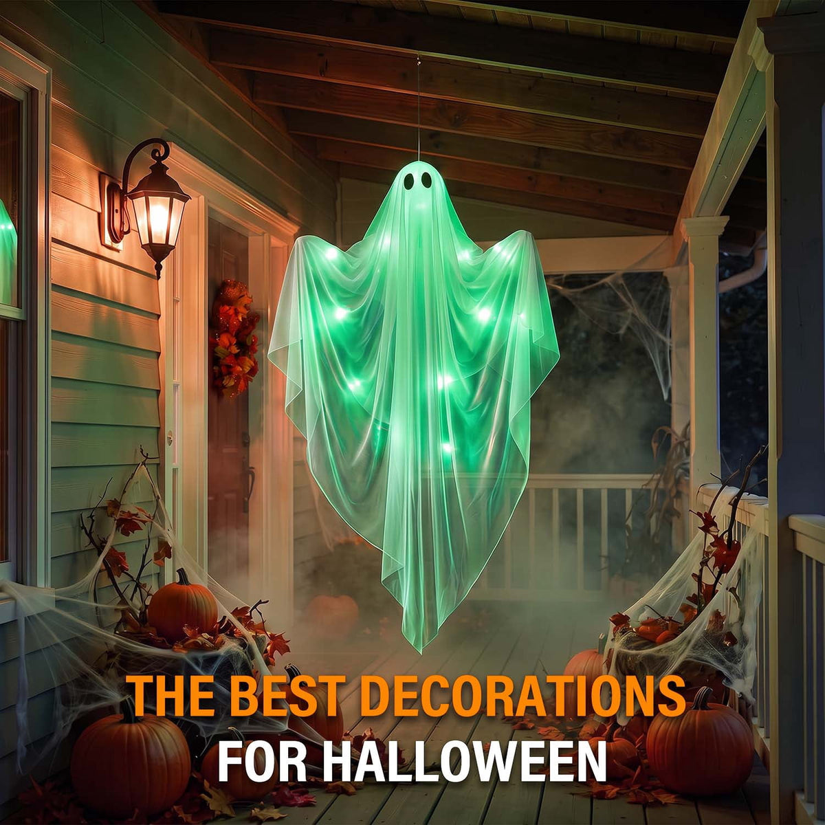 Ayieyill Halloween Ghost Decor with Blue LED Light, 47” Light up Hanging Ghost Halloween Yard Porch Decorations Outdoor