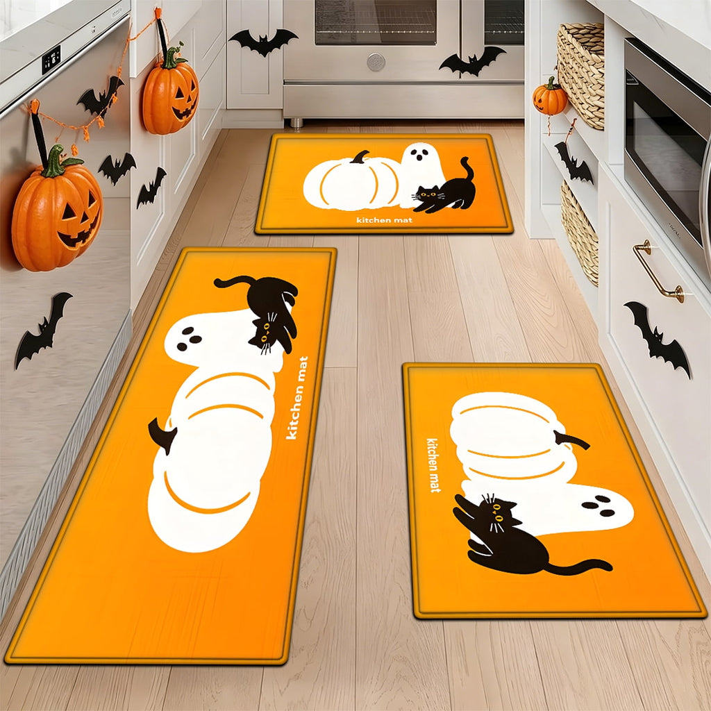YIMEIS Halloween Orange Ghost Pumpkin Black Cat 1Pc Flannel Mat & Kitchen Rugs,Soft Non-slip,16''×24'' Inches,for Entryway Bathroom