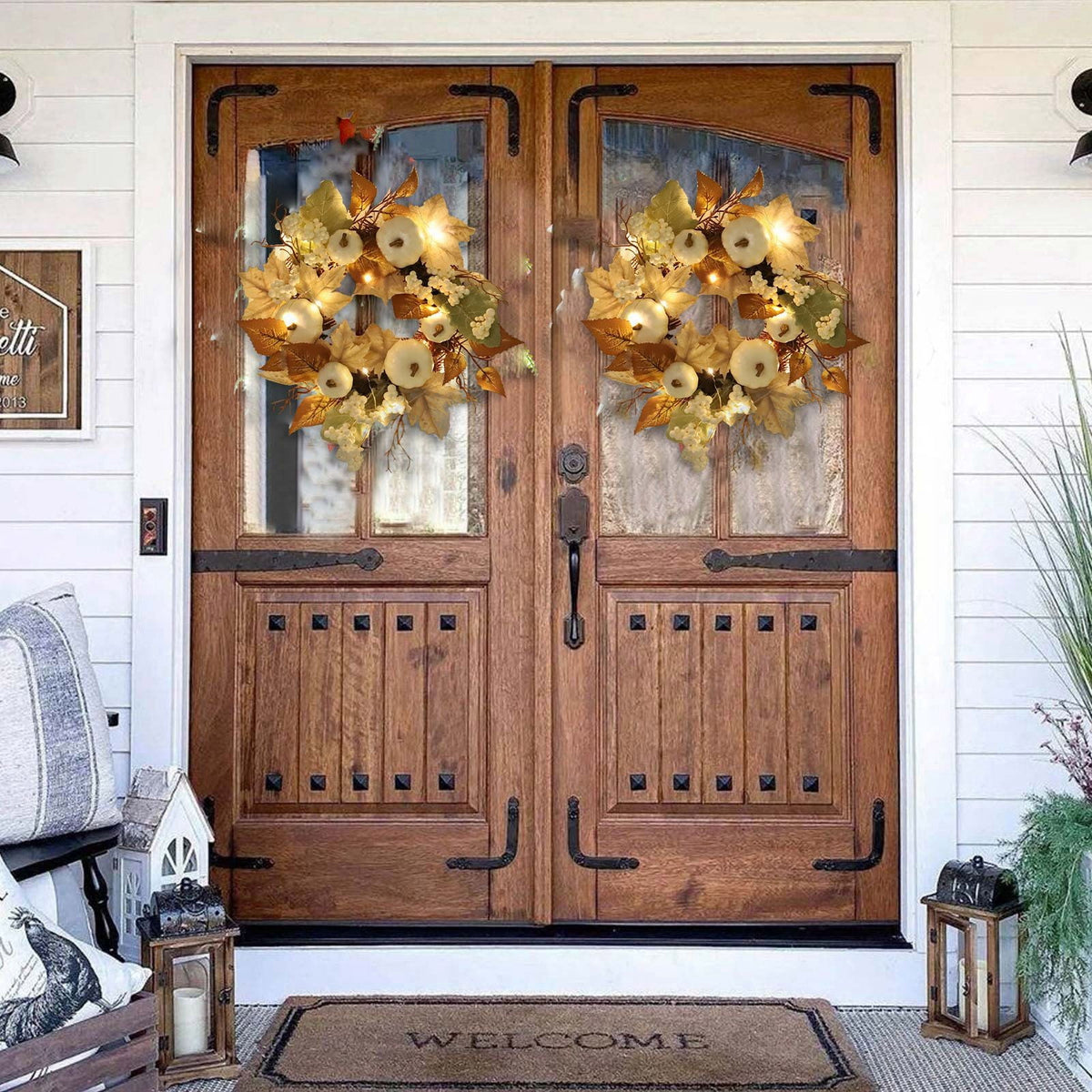 12 Inch Fall Wreath with Pumpkins & Maple Leaves - Autumn Harvest Wreath for Front Door, Thanksgiving & Halloween Farmhouse Decor