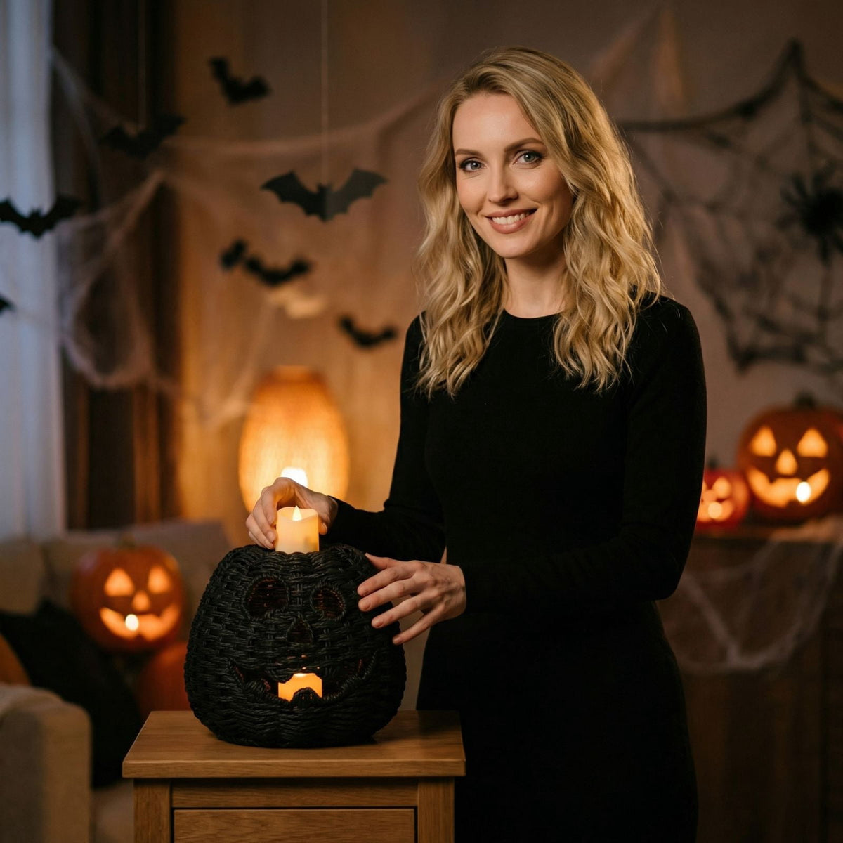 THOPBPRK 2026 Black Halloween Woven Pumpkin Jack-O'-Lantern, Halloween Decorations Pumpkin, USE LED Candle, Rattan Fall Halloween Decor for Home, 1Pack 11.8 Inch A