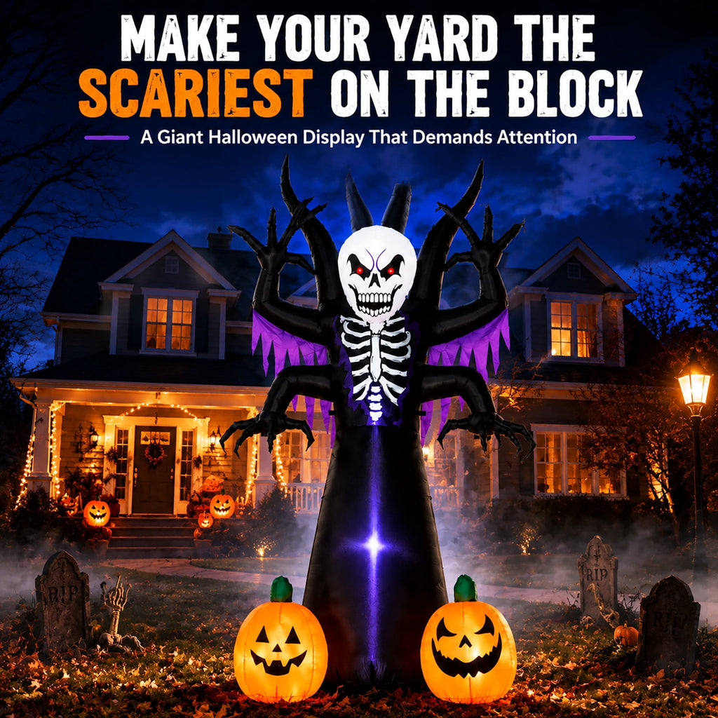 Toiyjofe 8ft Halloween Inflatable Skeleton Tree with LED Lights, Spooky Lighted Outdoor Yard Decoration with Grim Reaper & Pumpkins