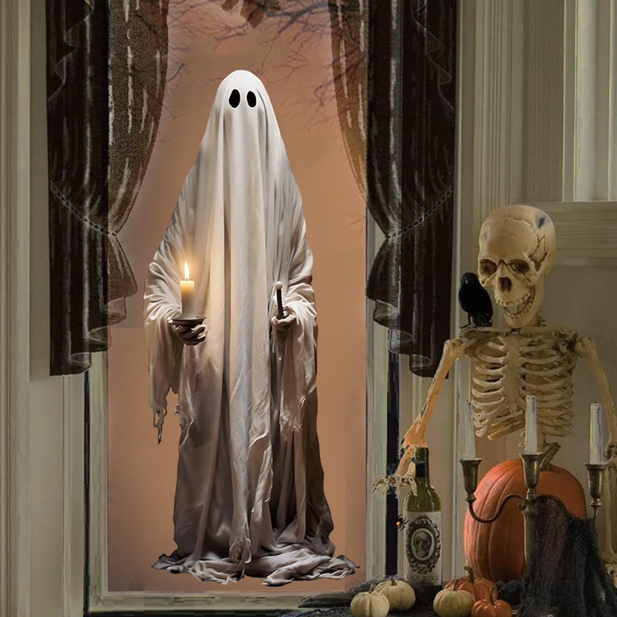 Halloween Wall Stickers, Large Ghost Holding Candle Wall Decals, Wall Clings Decor for Halloween Party Home Office Wall Glass Mirror Decorations, 18.89x44.68"