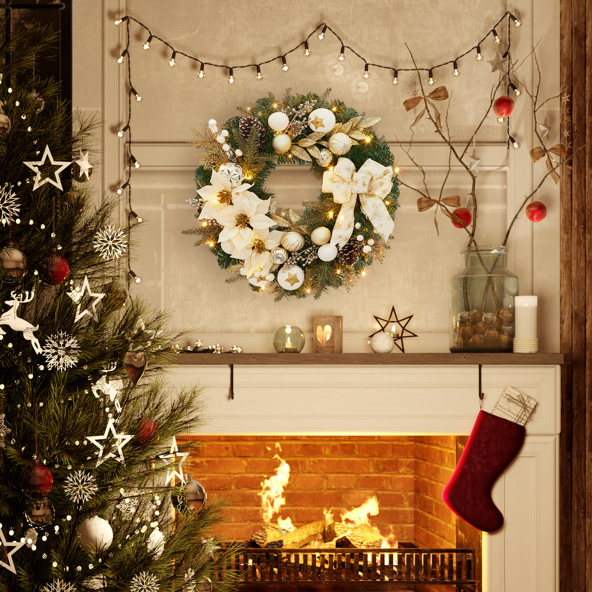 JoanKaren 24 inch Large Christmas Wreath Silver White with 20 LED Lights,Prelit Xmas Wreath w/ Ball Ornaments Pine Cone