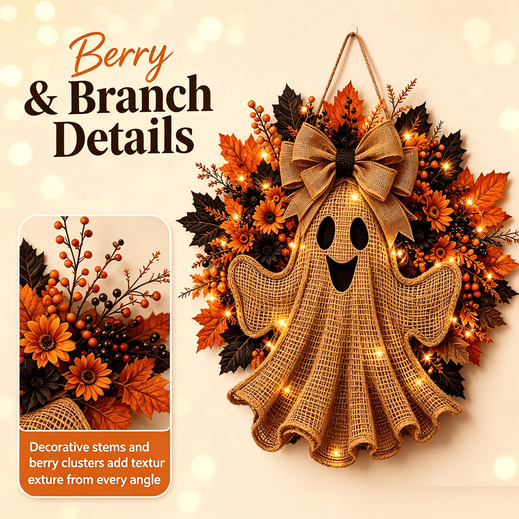 LGHDIWN Lighted Ghost Hanging Wreath for Front Porch, Halloween Door Decor with Spooky Design, Covered Porch Wall Window Indoor Display, Glowing Accent, Halloween Decoration