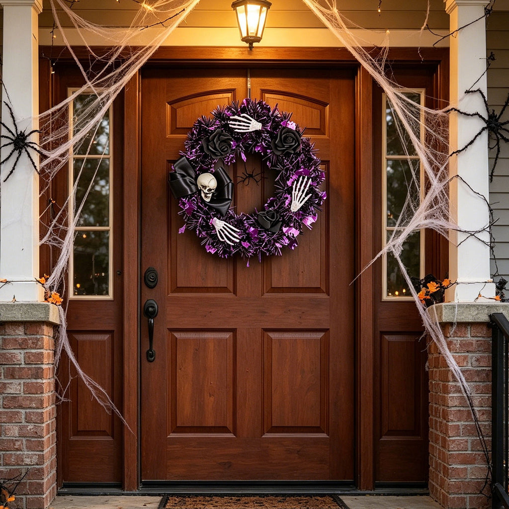 Hotyverty Halloween Wreath for Front Door, 13.77 Inch, Skull With Black Bow Wreath Halloween Decorations For Covered Outdoor Door & Farmhouse Gothic Home Ornament