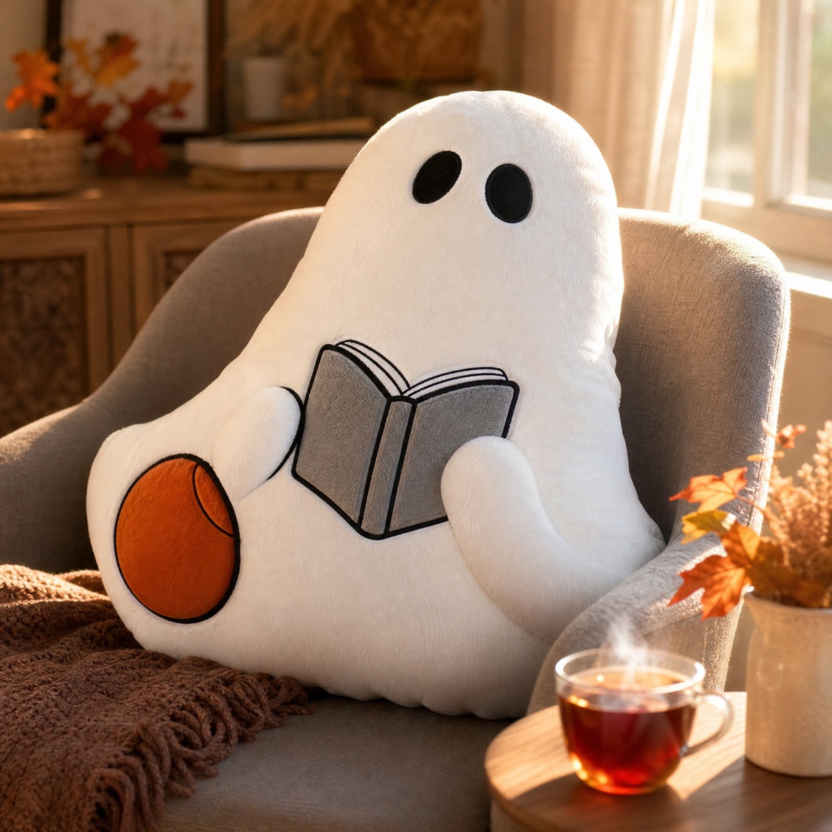 Cute Reading Ghost Plush Throw Pillow, Halloween Book & Pumpkin Bucket Ghost Stuffed Cushion, Spooky Season Decorative Pillow, for Sofa, Bedroom, Party Decor