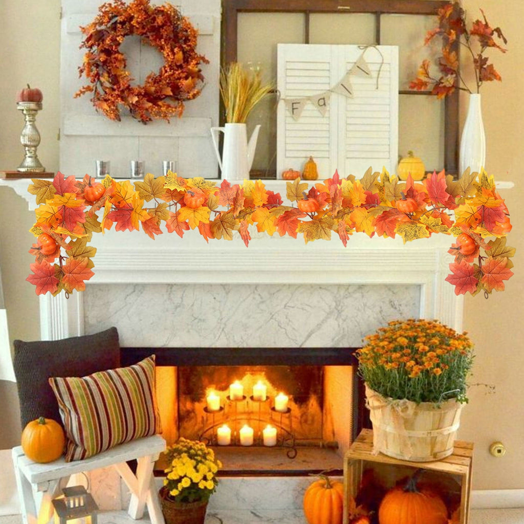 Sruoe Simulation Maple Leaf and Rattan Fall Garland for Holiday Stair Door, Greenery Garland for Garden Home Wall, Fake Plants Wreath Decoration for Thanksgiving Halloween, Orange