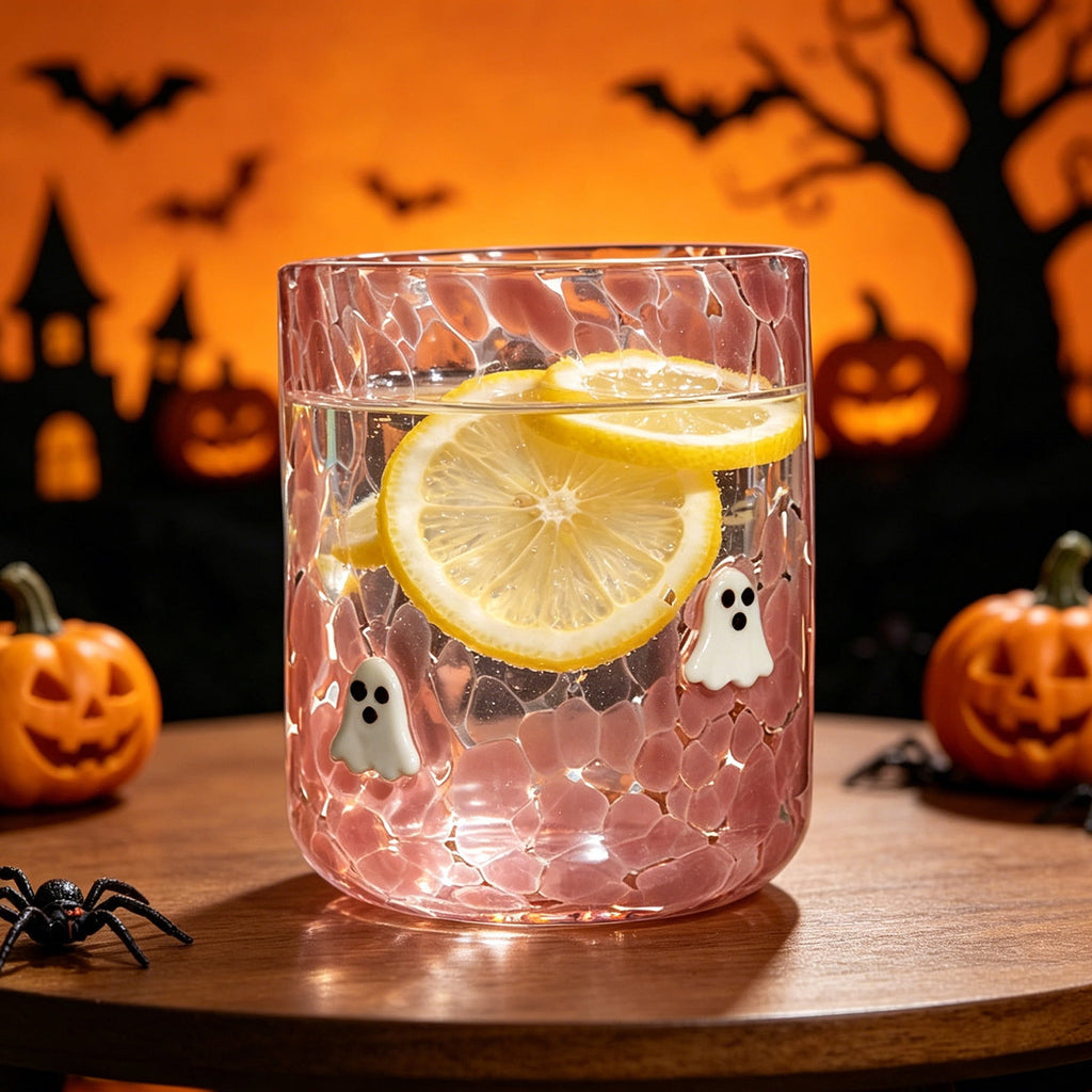 Qocolcyl Halloween Icon Glass Cups - 3.5x4.7in Ghost Bat Snake Pumpkin Icon Juice Stemless Wine Glasses Double Old Fashioned Hand Blown Drinking Cups for Halloween Party Gift
