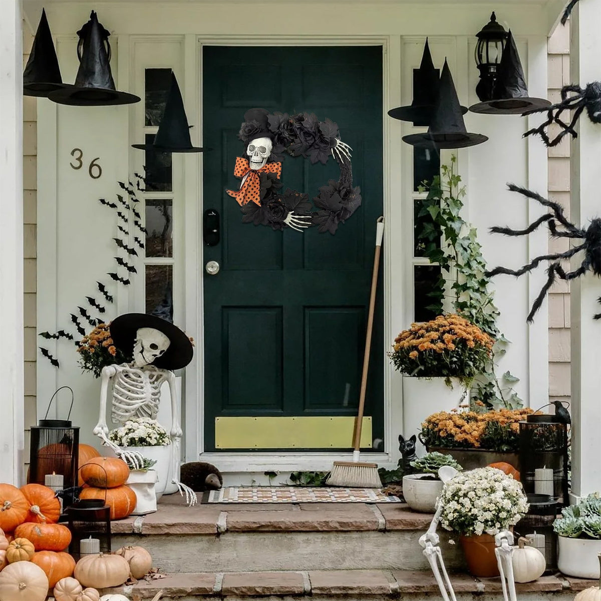 Halloween Wreath with Lights for Front Door, Collapsible Pre-Lit Wreath with Pumpkin Halloween Decorations for Home Wall Decor