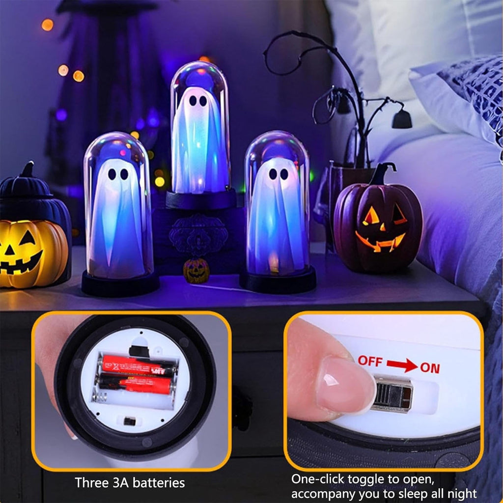 Orangide Halloween Ghost Cloche Night Light Fabric Ghost Lamp with Glass Dome for Mantel Shelf Spooky Party and Home Decor Ornament