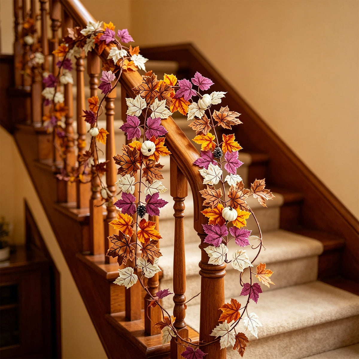 Chmadoxn 78.74" Halloween Thanksgiving Maple Leaf Garland with Mini Pumpkins & Berries, Artificial Fall Leaves Vine for Mantel Staircase Porch, Autumn Harvest Hanging Home Decor