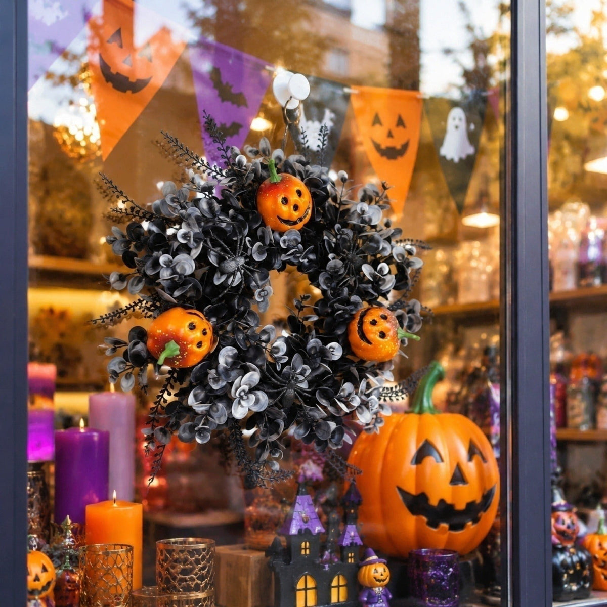 12 Inch Black Eucalyptus Halloween Wreath, Artificial Floral Door Wreath with Pumpkin Cutouts for Front Porch Indoor Door Halloween Party Gothic Home Decor