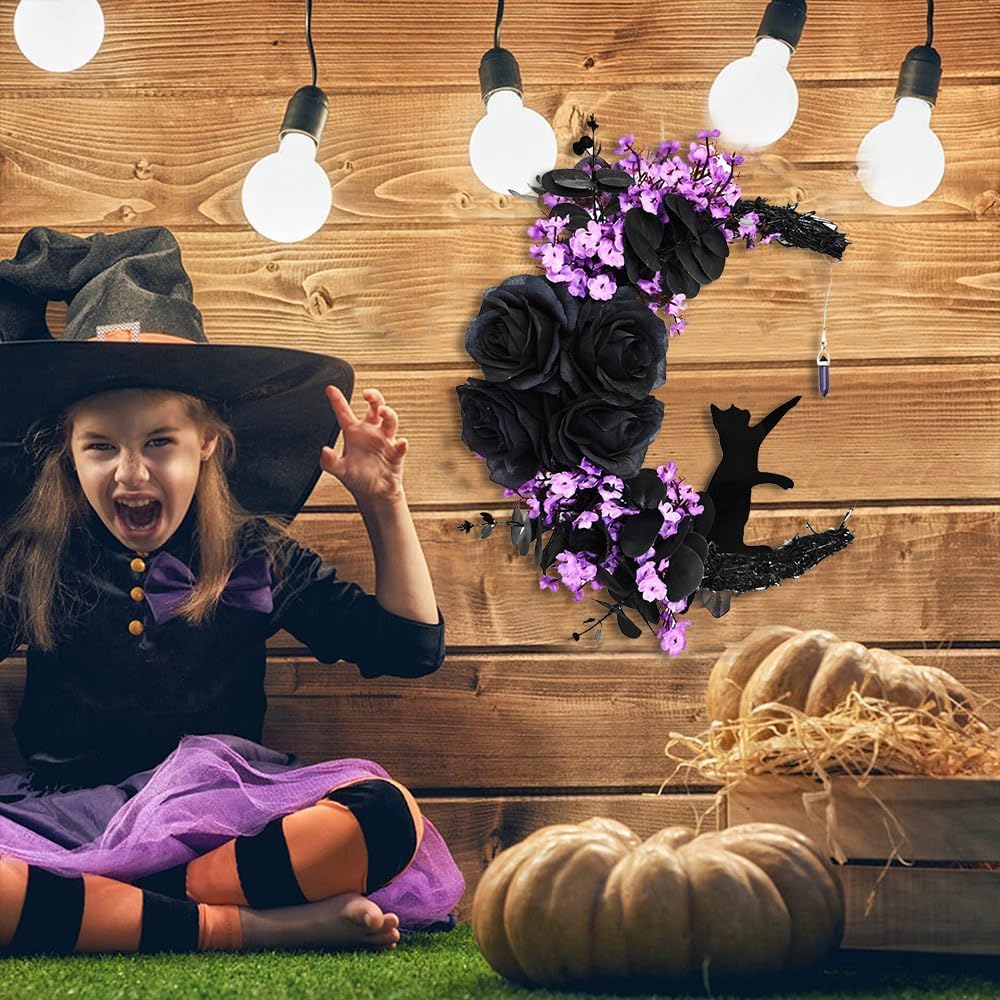 Halloween Moon Wreaths for Front Door, Black Cat on Moon Wreath Halloween Decor, Spooky Halloween Decorations Crescent Moon Wreath for Home Party Window Wall Indoor Outdoor