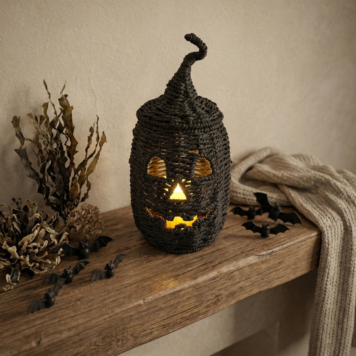 THOPBPRK 2026 Black Halloween Woven Pumpkin Jack-O'-Lantern, Halloween Decorations Pumpkin, USE LED Candle, Rattan Fall Halloween Decor for Home, 1Pack 11.8 Inch A