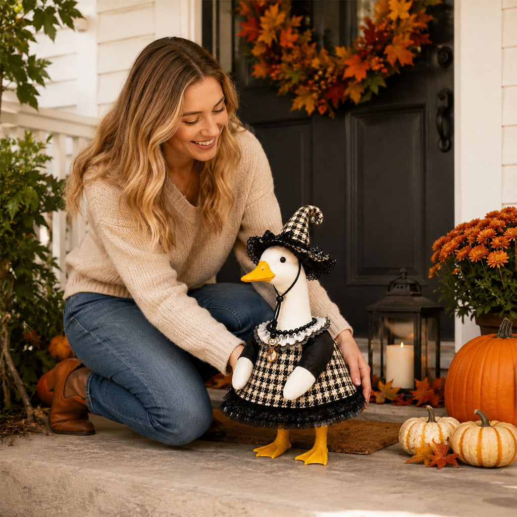 Halloween Garden Porch Decor, Porch Goose Outfits Halloween, 23 Inch Porch Goose Outfits, Witch Dress and Hat Set, Fits 23X11X26 Inch Standing Plush Goose for Front Porch Lawn