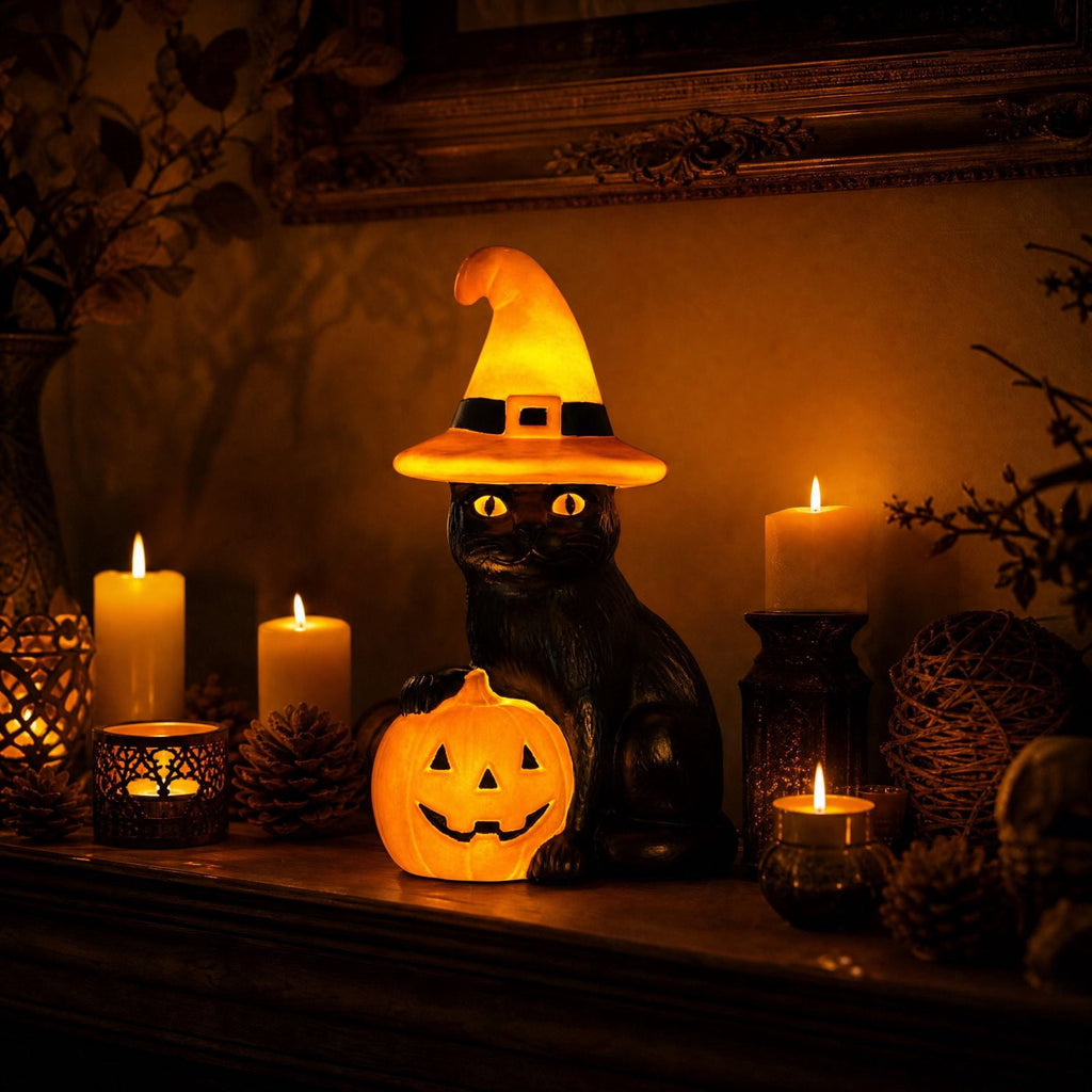 Light-Up Pumpkin Cat Blow Mold Outdoor Decoration, LED Glowing Witch Cat Jack-o-Lantern, Halloween Indoor Outdoor Spooky Decor