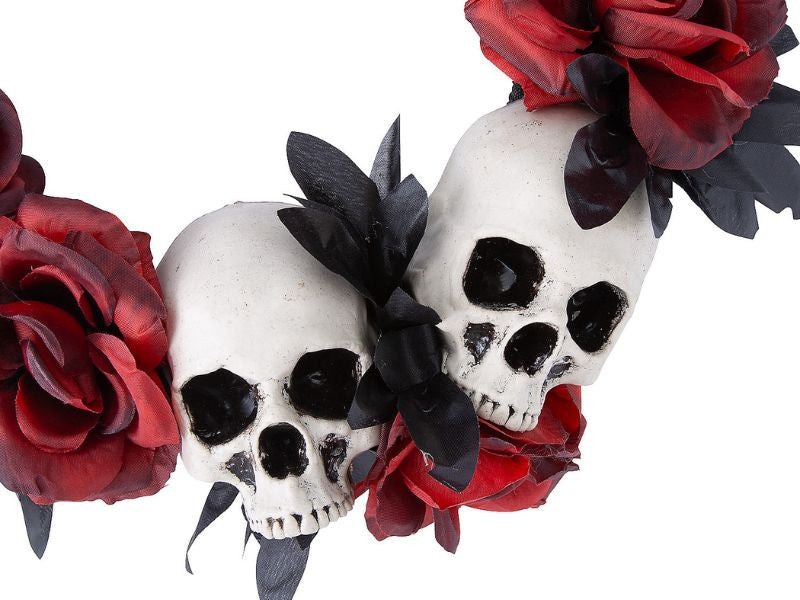 16 3/4" X 3 1/2" Red & Black Flower Wreath With Skulls Halloween Decoration