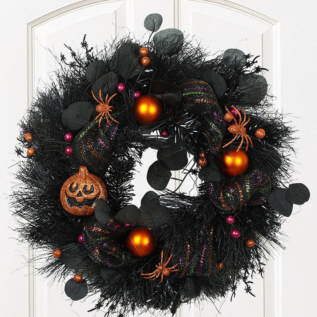 Halloween Wreath with Lights for Front Door, Collapsible Pre-Lit Wreath with Pumpkin Halloween Decorations for Home Wall Decor