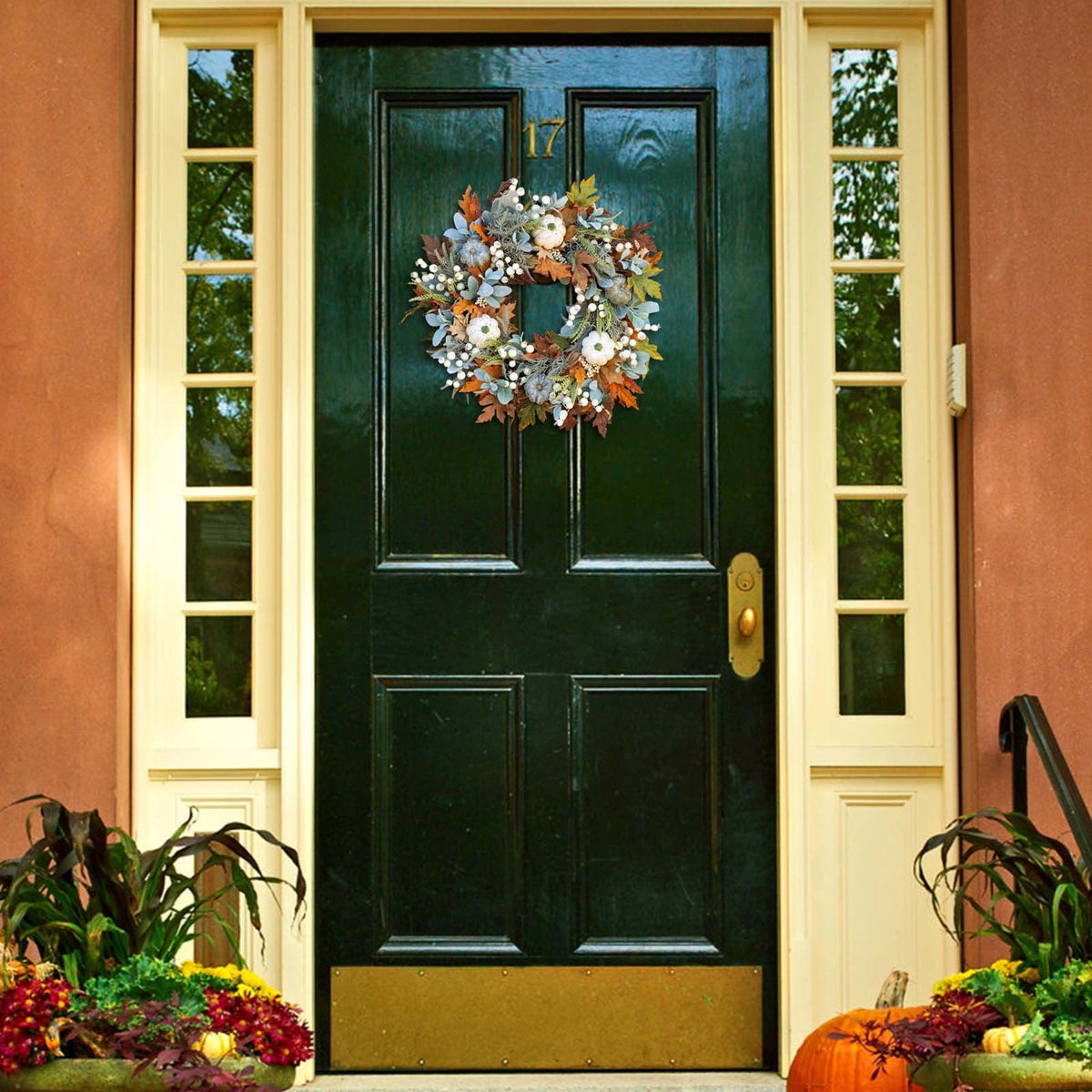 Summercome Fall Wreath for Front Door, Autumn Pumpkin Wreath Halloween Thanksgiving Wreath Door Hanging Party Decoration Home Relaxed Decor Inside Outside Wreath Window Garland Yard Indoor Outdoor, 20