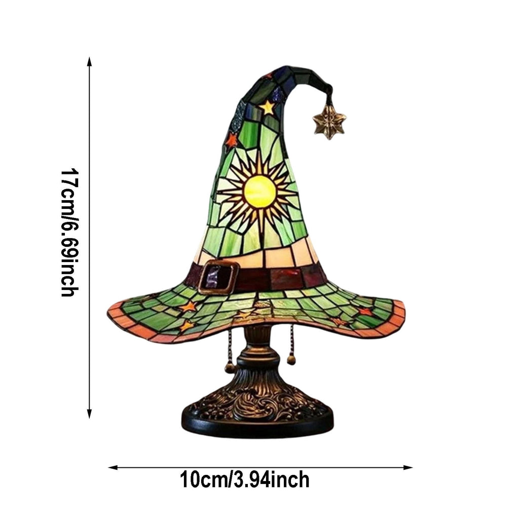 Stained Glass Witch hat lamp, 7" Halloween Gothic Mystic Room Decor Handcrafted Ceramic Phantom Figurine, USB Rechargeable LED Glowing Lantern for Bedroom Living Room Mantel Home Decor