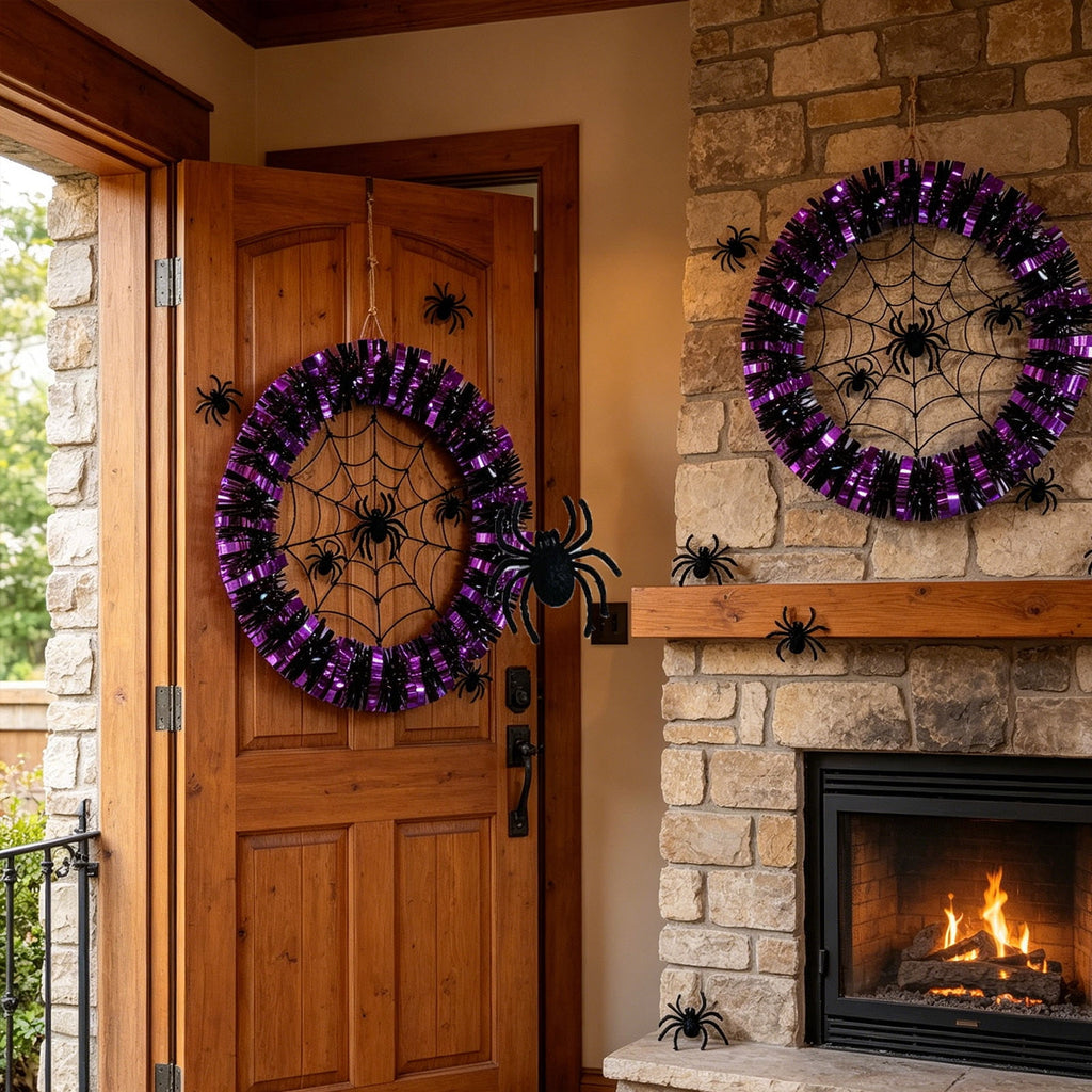 Halloween Wreaths for Front Door, Purple Black Tinsel Wreath with Spider Web & Spider Ornaments Front Door Hanging Decor for Party Home Porch