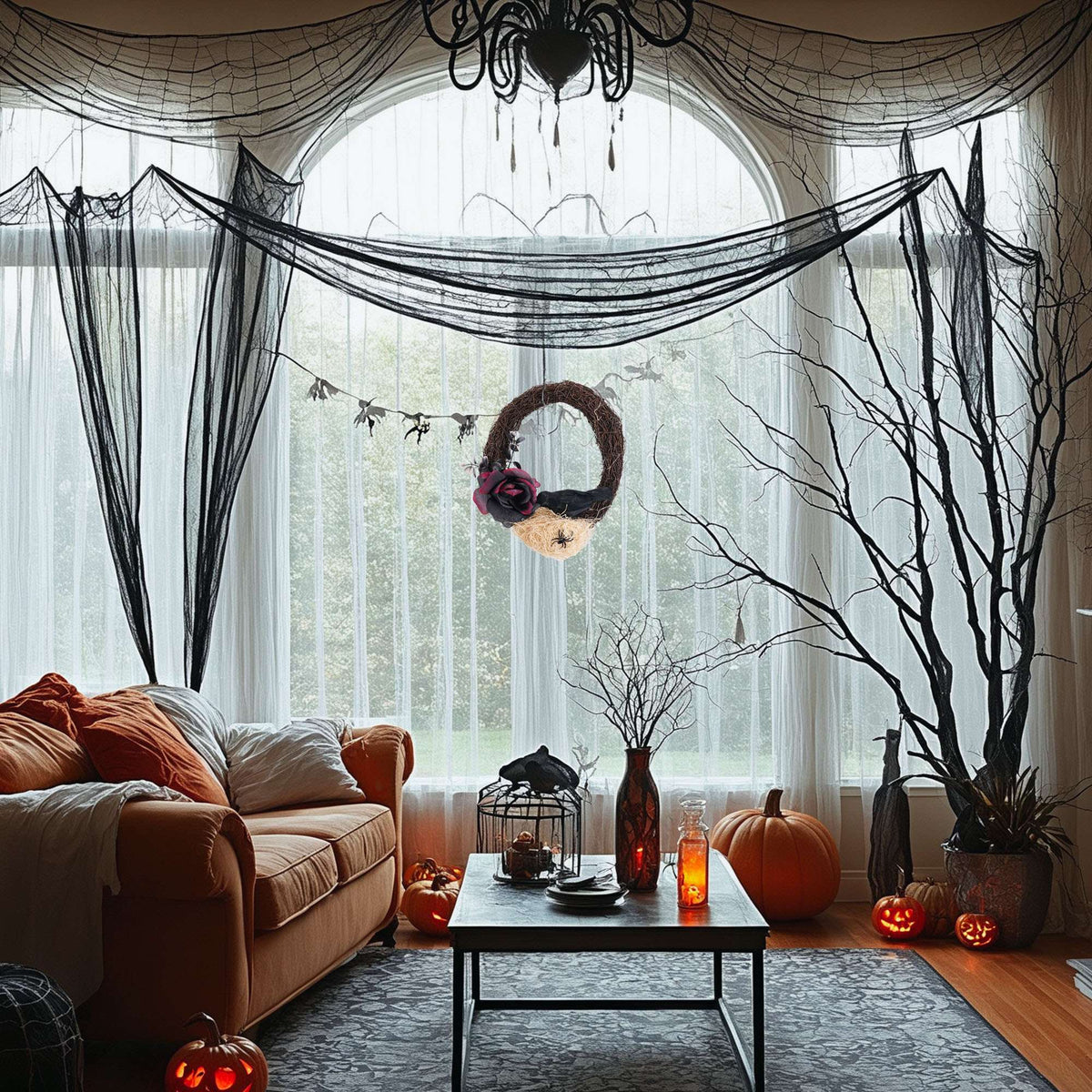 Spencer Halloween Wreath for Front Door, 10 Inch Halloween Garland with Black Rose, Crow, Spider and Twig Branch for Home Porch Window Wall Decor