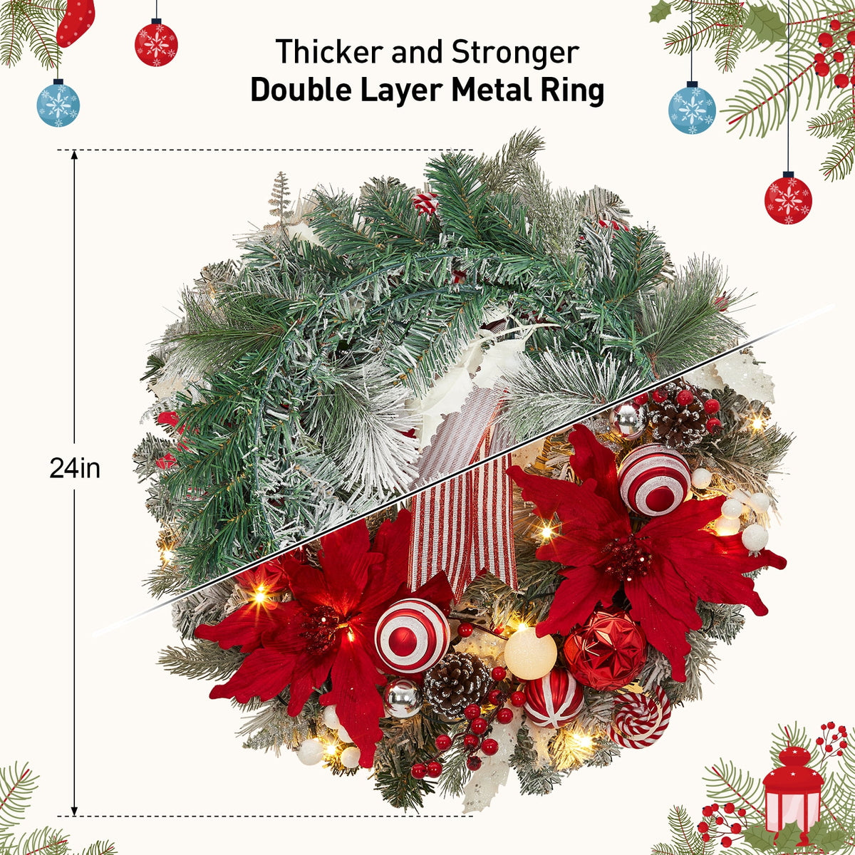 JoanKaren 24 inch Large Christmas Wreath Silver White with 20 LED Lights,Prelit Xmas Wreath w/ Ball Ornaments Pine Cone