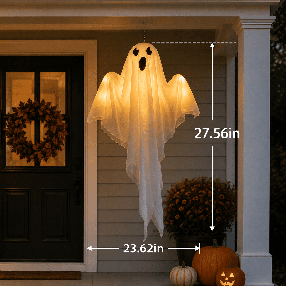 Clearance Light Up Hanging Ghost Decor, White Gauze Ghost Ornament with Blue LED Lights, Halloween Hanging Decoration for Front Door Porch Yard Tree Party Indoor Outdoor