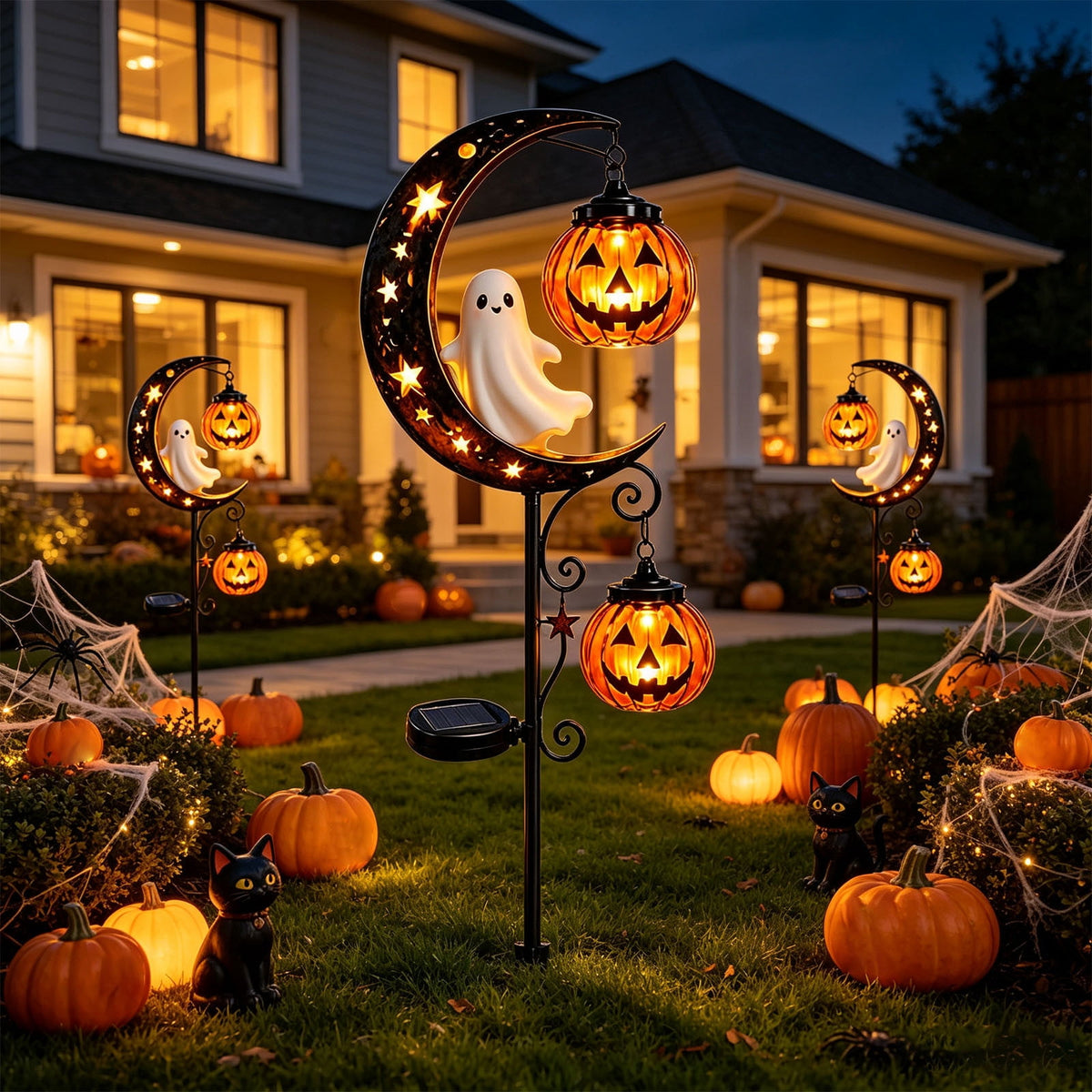 Solar Halloween Garden Stake Light, Bats & Spooky Ghosts Waterproof Solar Lantern Stake with Hanging Pumpkin, Outdoor Halloween Yard Decor for Garden Patio Lawn Pathway