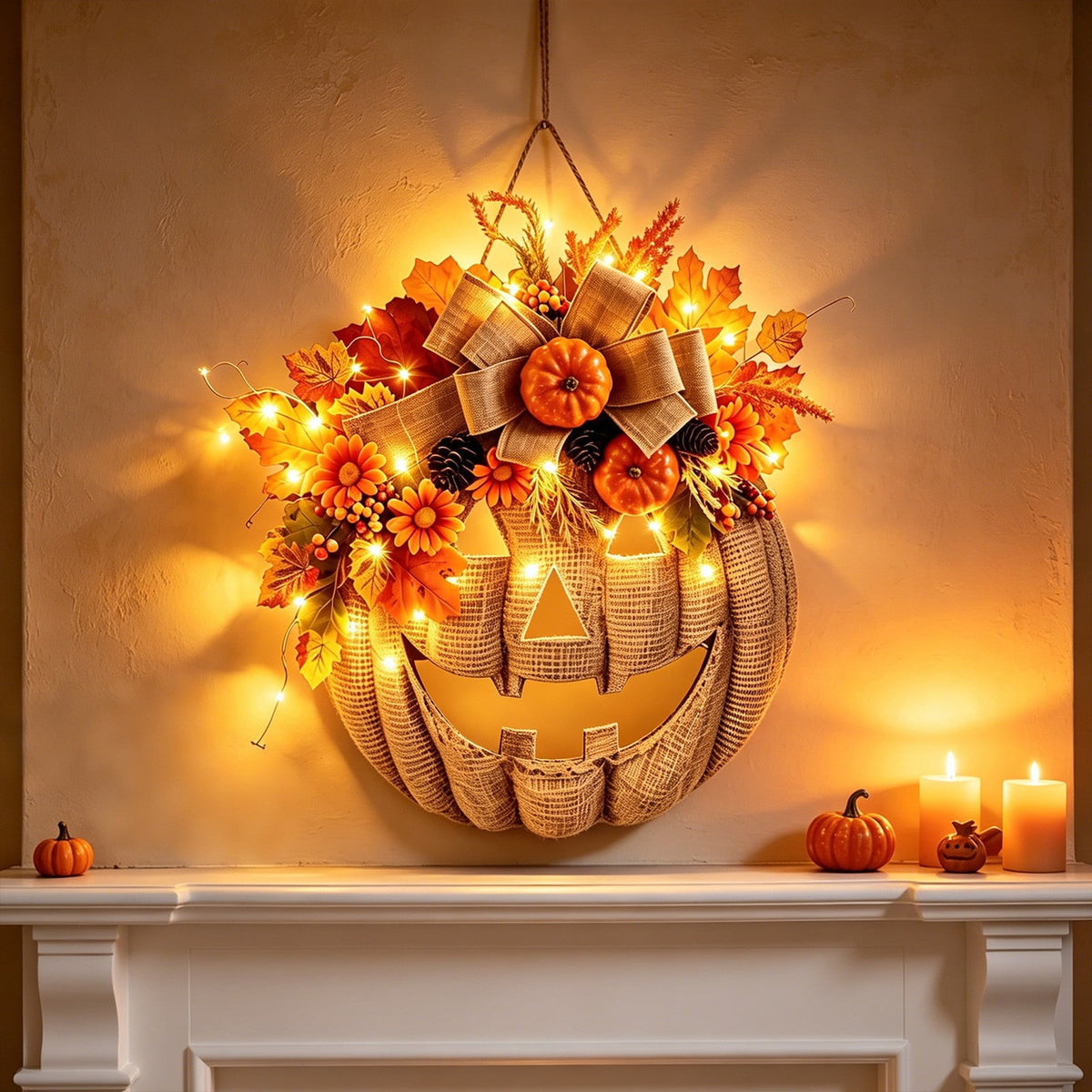 13.78 Inch Lighted Pumpkin Wreath with LED Lights, Fall Front Door Decor, Halloween Thanksgiving Autumn Wreath for Porch Farmhouse Home Decoration