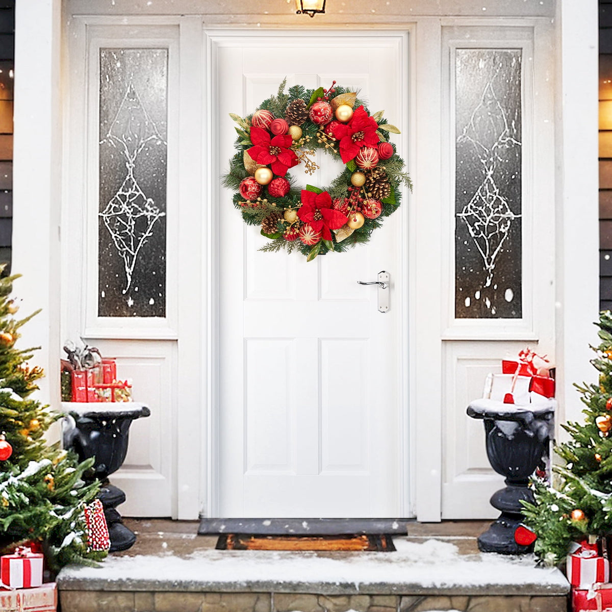 JoanKaren 24 inch Large Christmas Wreath Silver White with 20 LED Lights,Prelit Xmas Wreath w/ Ball Ornaments Pine Cone
