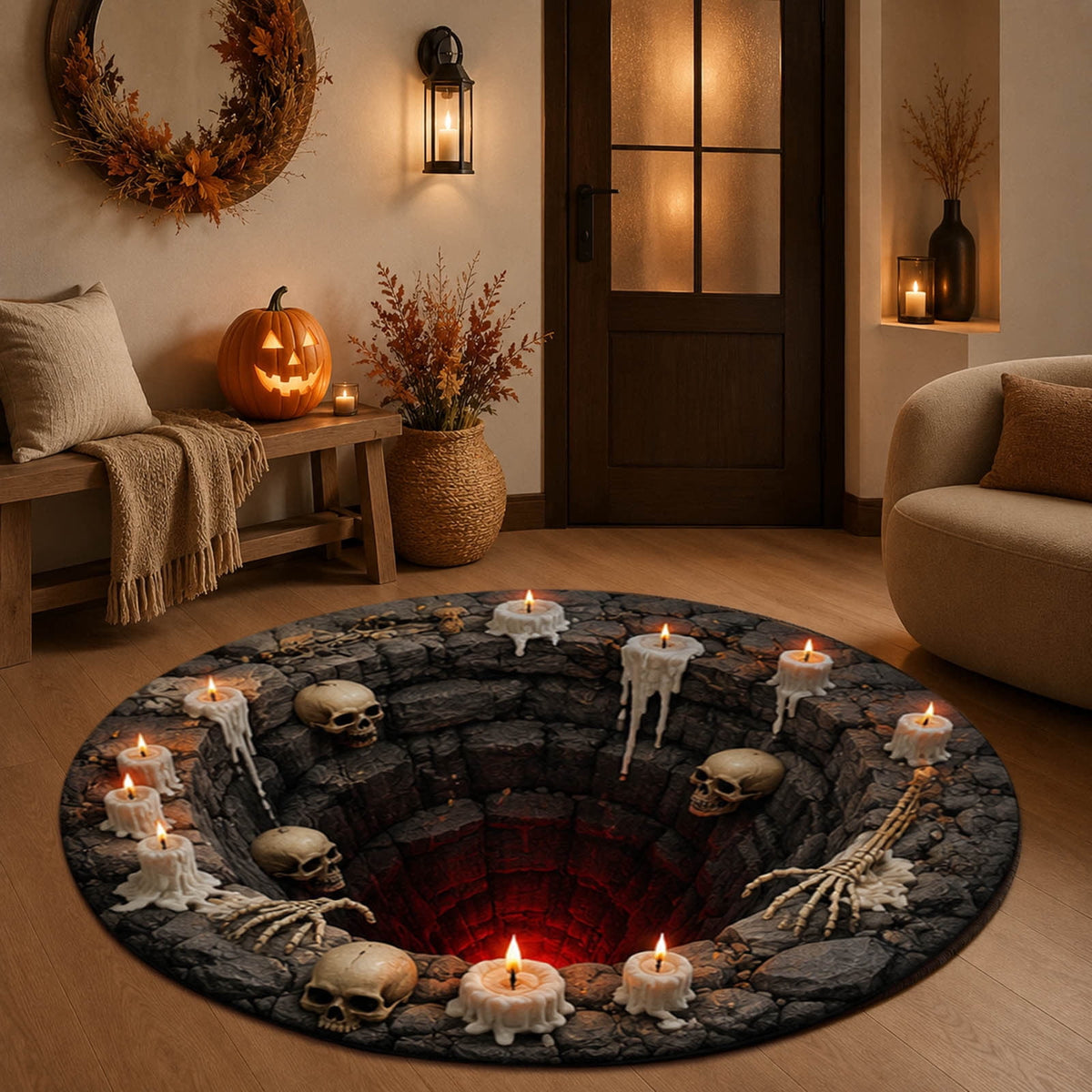 Win s Way 3D Illusion Round Halloween Rug Optical Illusion Doormat Non- Washable Entryway Decor Spooky Fall Front Door Mat for Party Decoration Available in 15.8/23.6/31.5 Inch