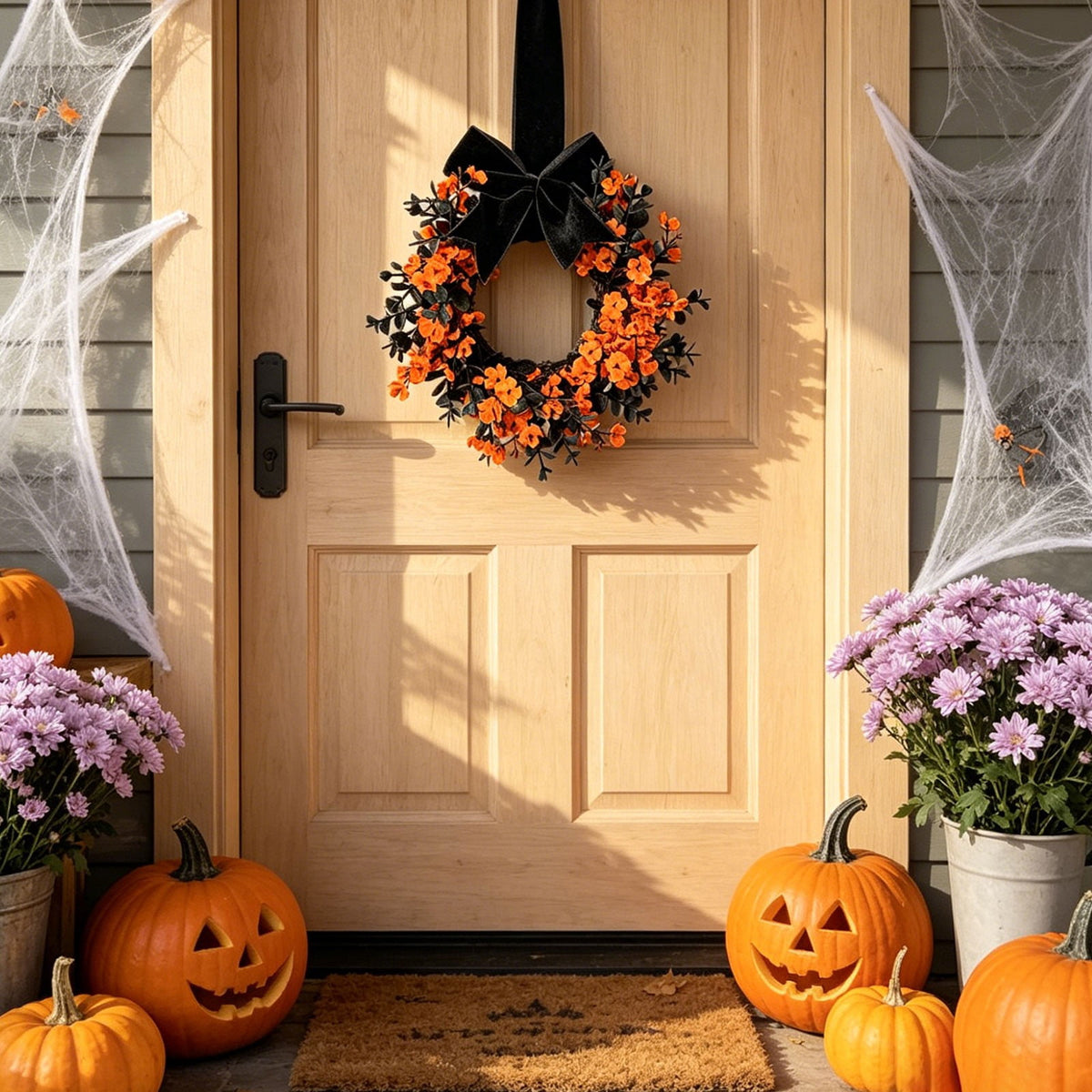 Halloween Star Shaped Bow Wreath for Window Door Display, Autumn Festival Artificial Wreath Decor